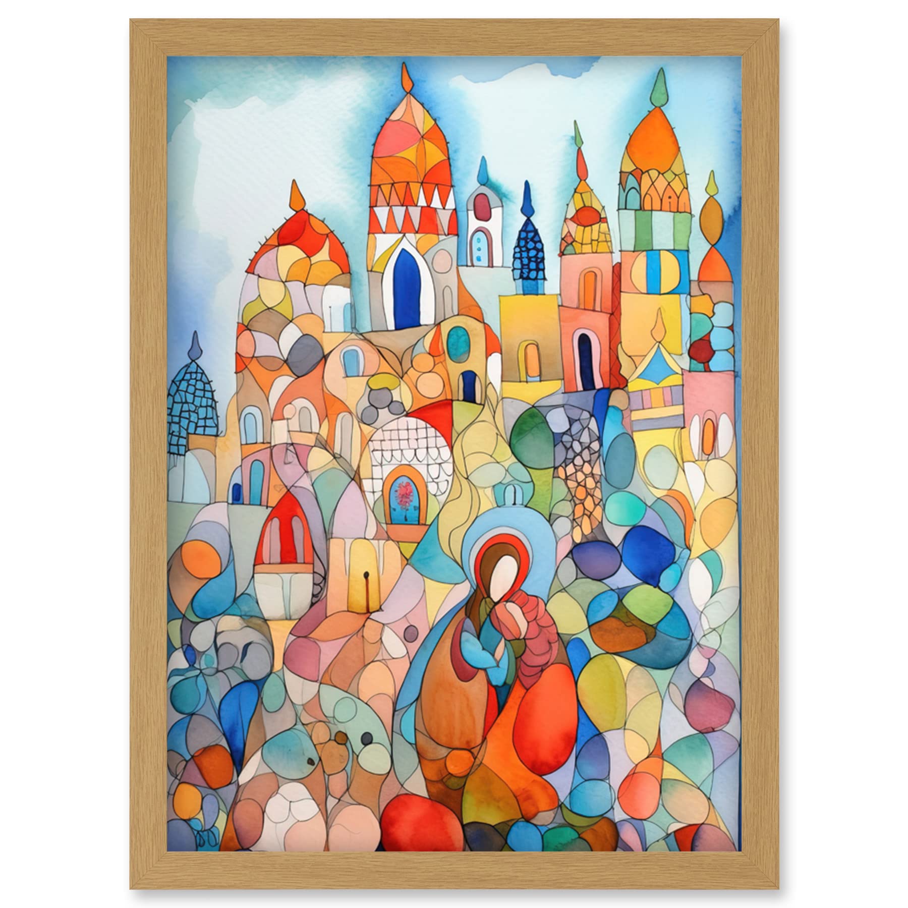 Artery8 Abstract Moroccan Cityscape Folk Art Artwork Framed Wall Art Print A4