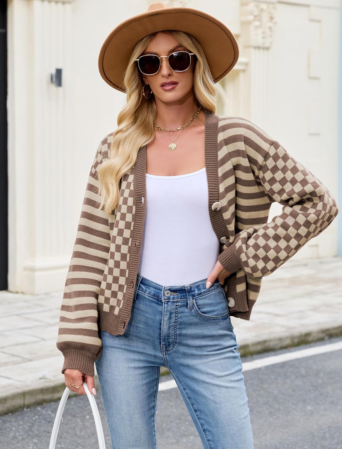 ZAFUL Cardigan Sweaters for Women Trendy Fall 2025 Striped Checkered Button Down Oversized Knit Sweater Outerwear - Image 3