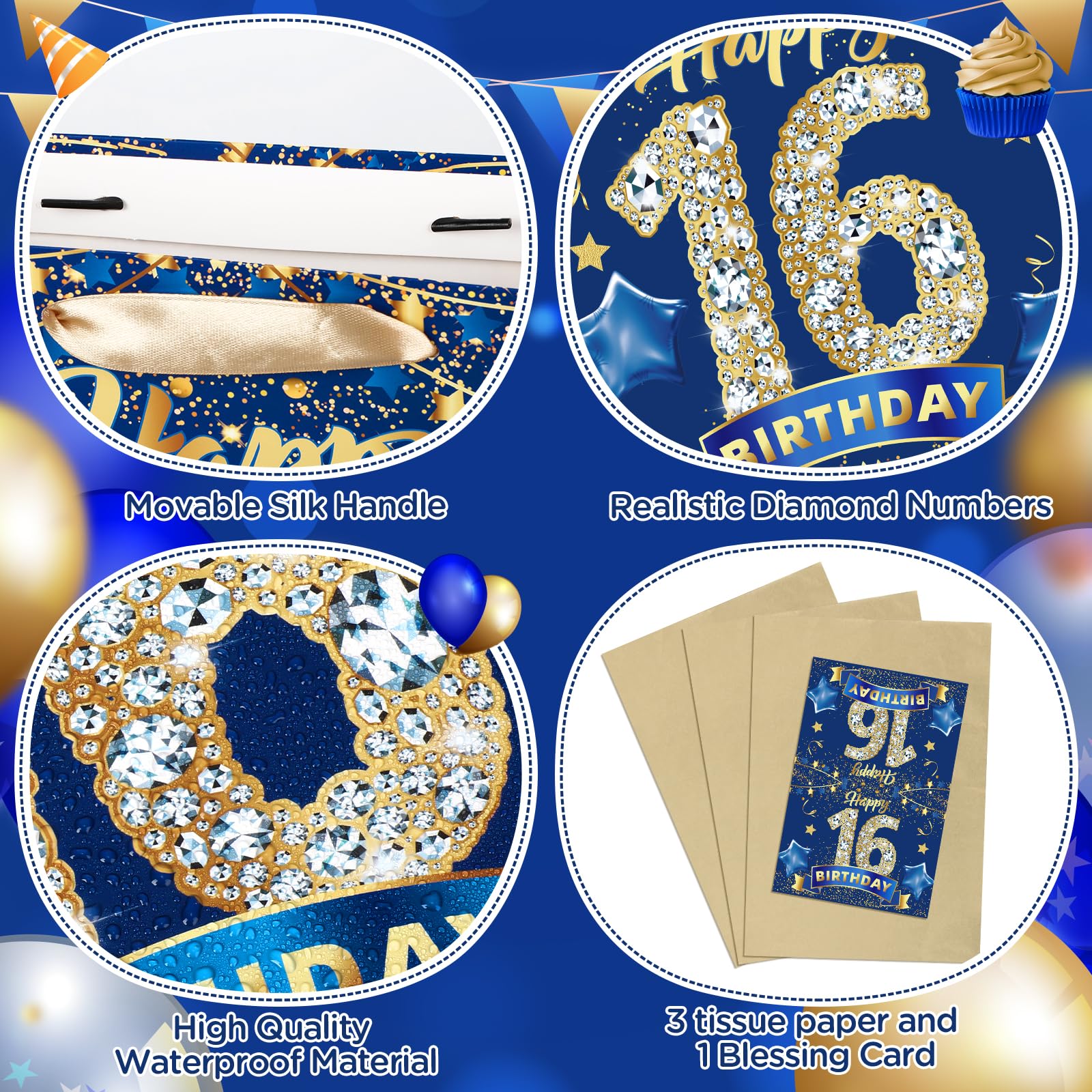 Blue And Black 16Th Birthday Gift Bag With Tissue Paper And Greeting Card Happy
