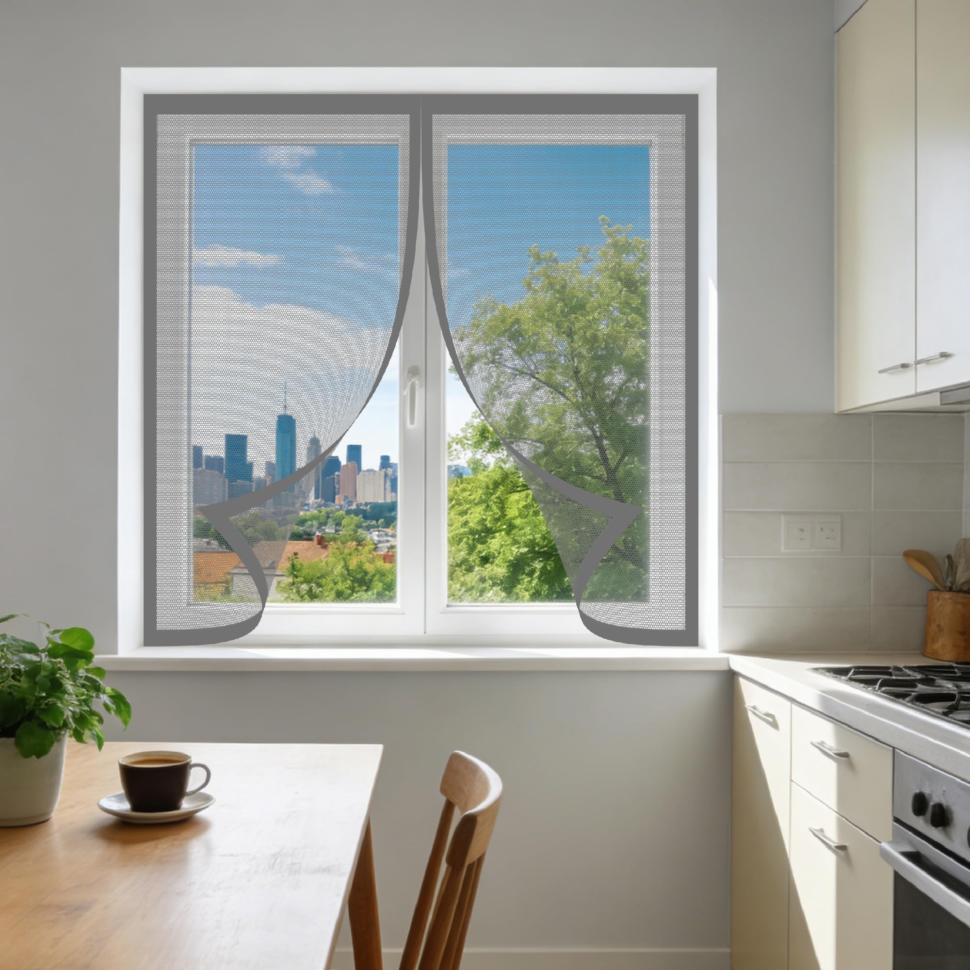 Magnetic Fly Screen Window 195 x 155 cm Selfadhesive Tape Fly Screen for Window Easy Installation for Windows Doors and Patio Screens, Grey