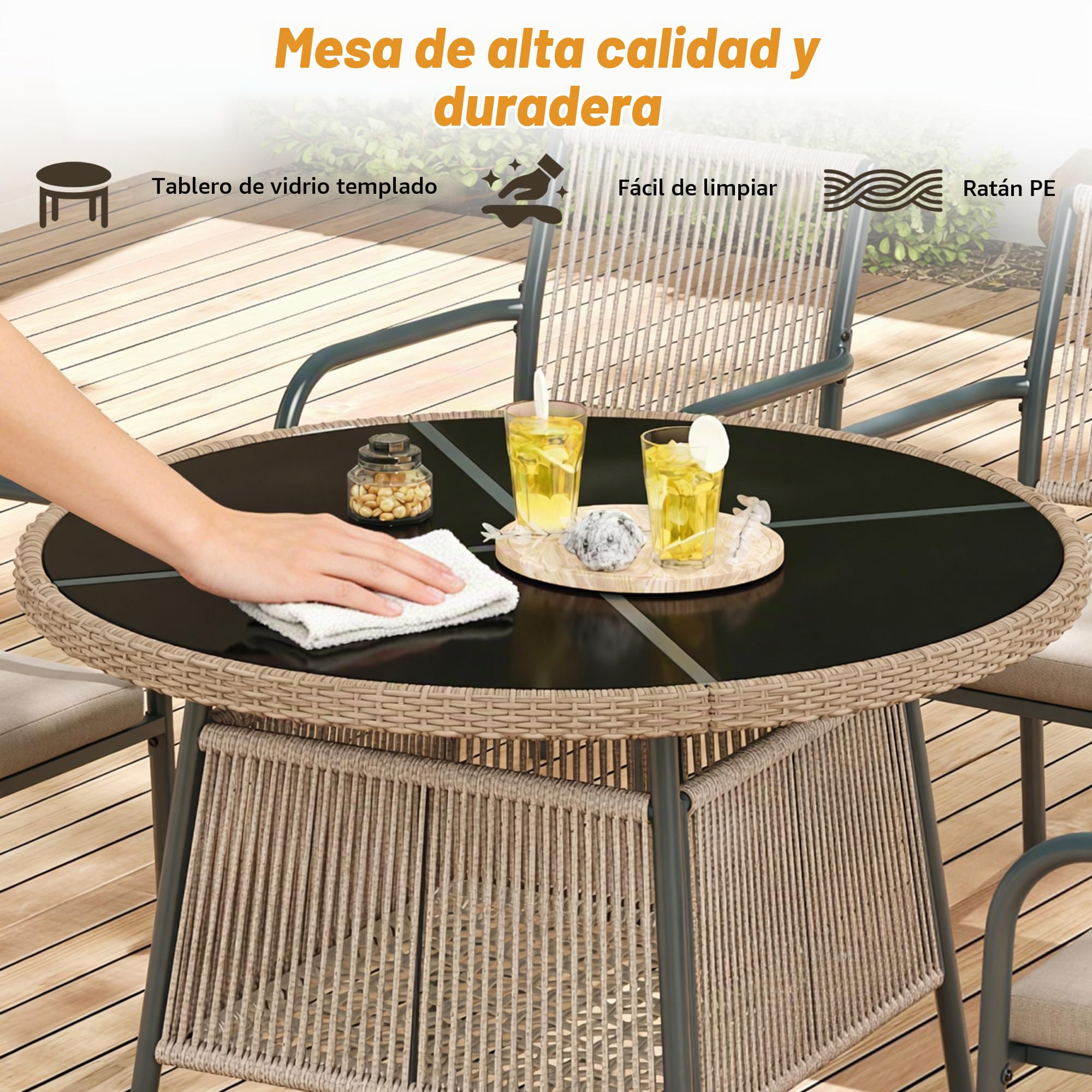 Soweiz Juego de muebles de jardín de ratán moderno, mesa redonda de cristal + 4 sillas con reposabrazos, estructura de hierro, adecuado para terraza/balcón/cubierta (gris)