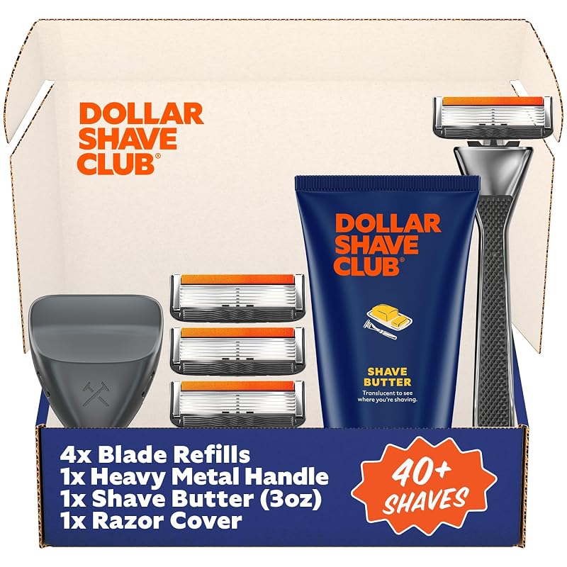 Dollar Shave Club VIP Shave Set com 4 refis de lâmina de 6 lâminas, cabo metálico, Shave Butter e capa