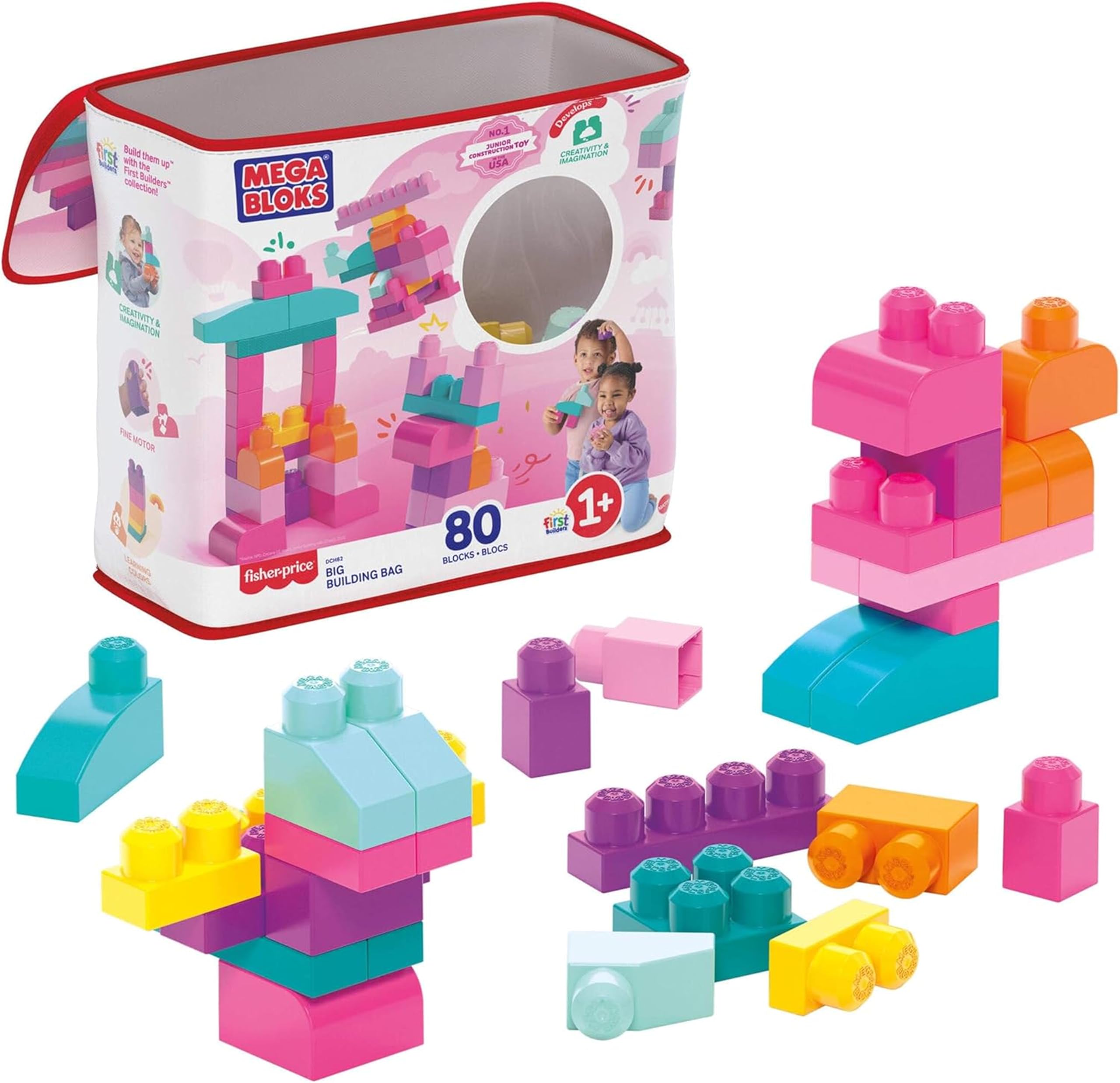 MEGA BLOKS Fisher-Price Toddler Block Toys, Big Building Bag with 80 Pieces and Storage Bag, Pink, Gift Ideas for Kids Age 1+ Years, DCH62