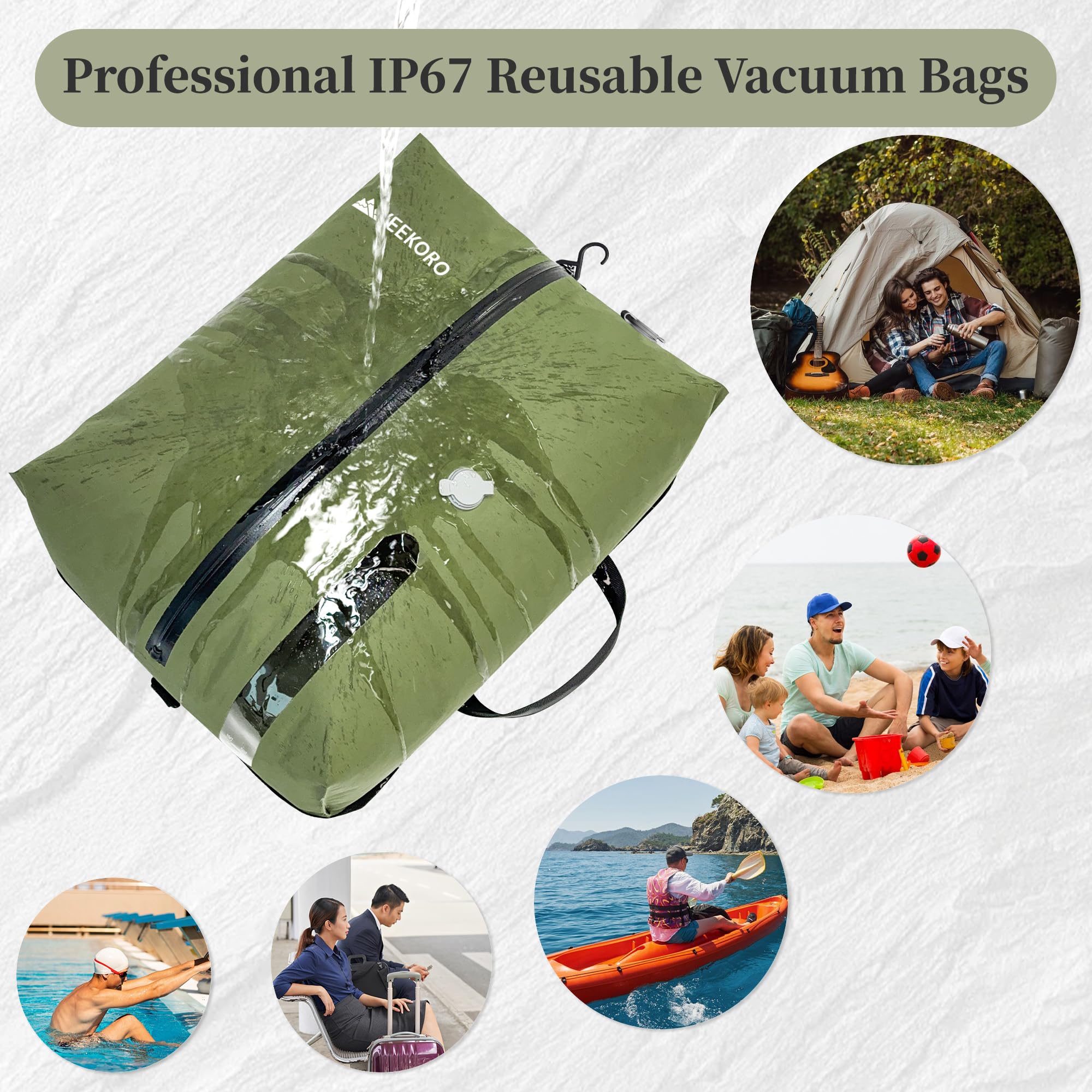 Bolsas de vacío para viajes, bolsas de compresión al vacío reutilizables IP67 para maletas de viaje, bolsa duradera para ahorrar espacio (2 unidades, verde, sin bomba)