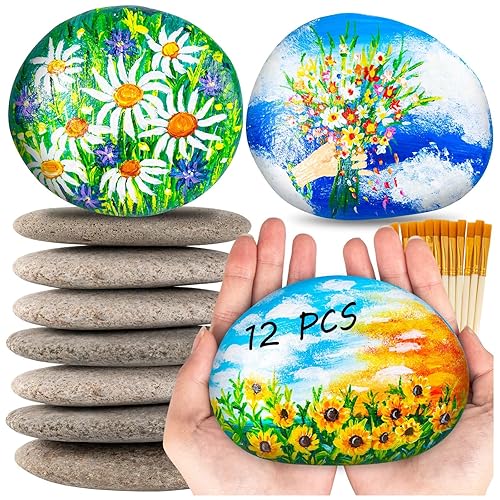 12 rocas grandes para pintar, piedras de pintura de roca de río, rocas planas lisas con 12 pinceles de pintura para pinturas, roca natural para