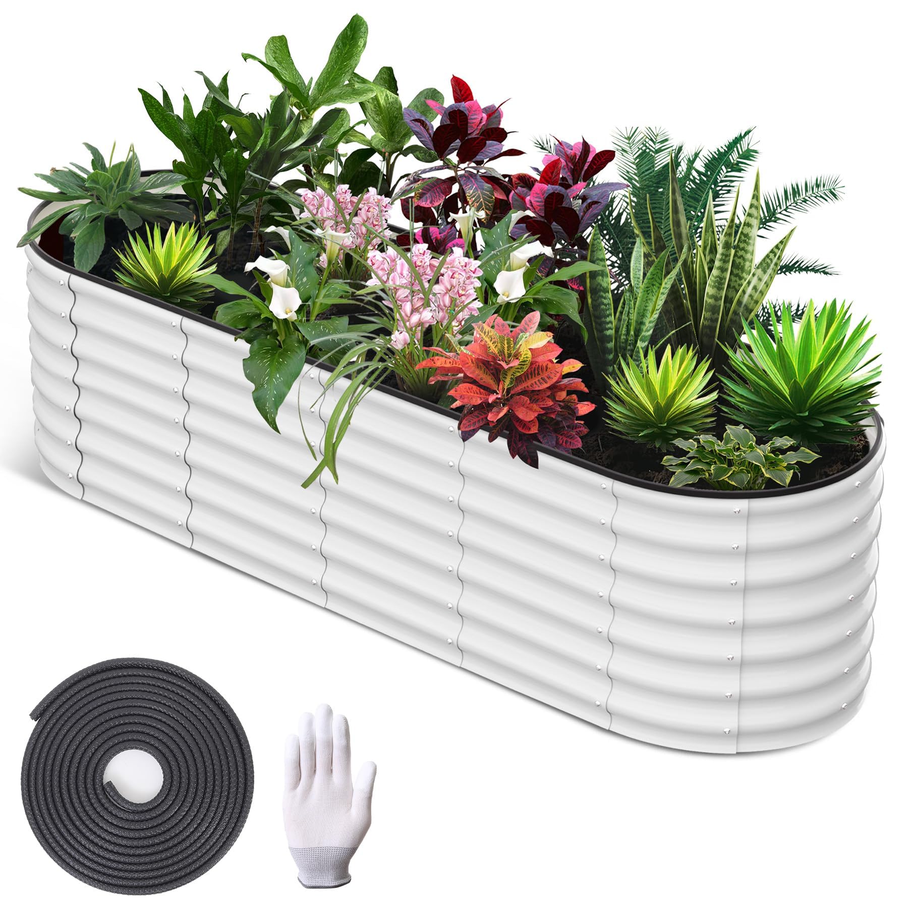 AffinityFurn Large Raised Beds for Garden, 8x2x2FT Galvanised Outdoor Oval Planter Box with Safety Edging and Gloves, Bottomless, Metal Raised Garden Bed for Vegetables, Flowers, Herbs & Plants, White