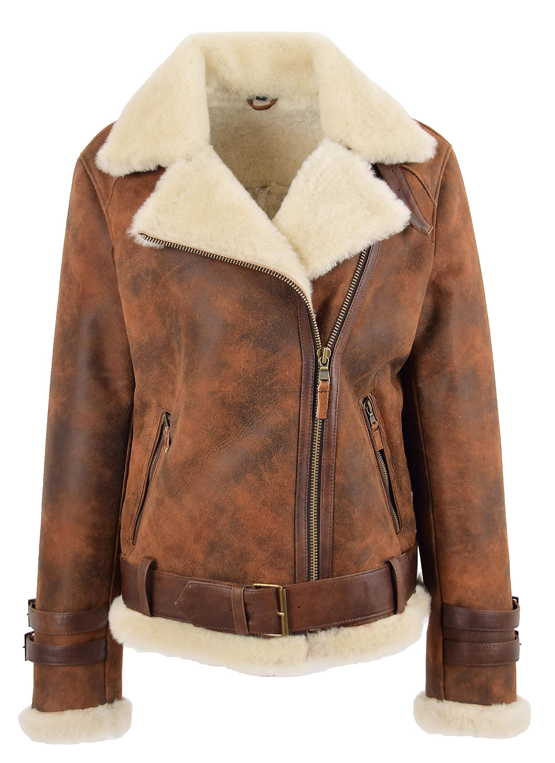 House Of Leather Women's Antique Brown Real Sheepskin Jacket Aviator Cross Zip Biker Style Lena (12, )
