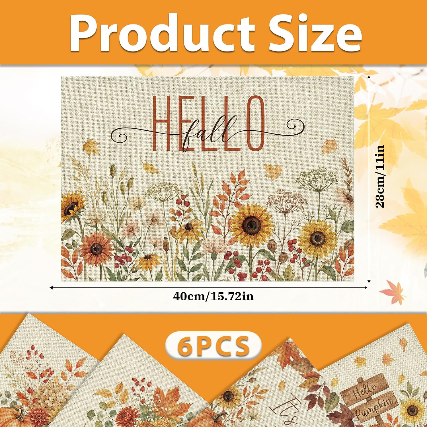 Fall Wildflower Placemats Set of 6, Autumn Place Mats 16x11in