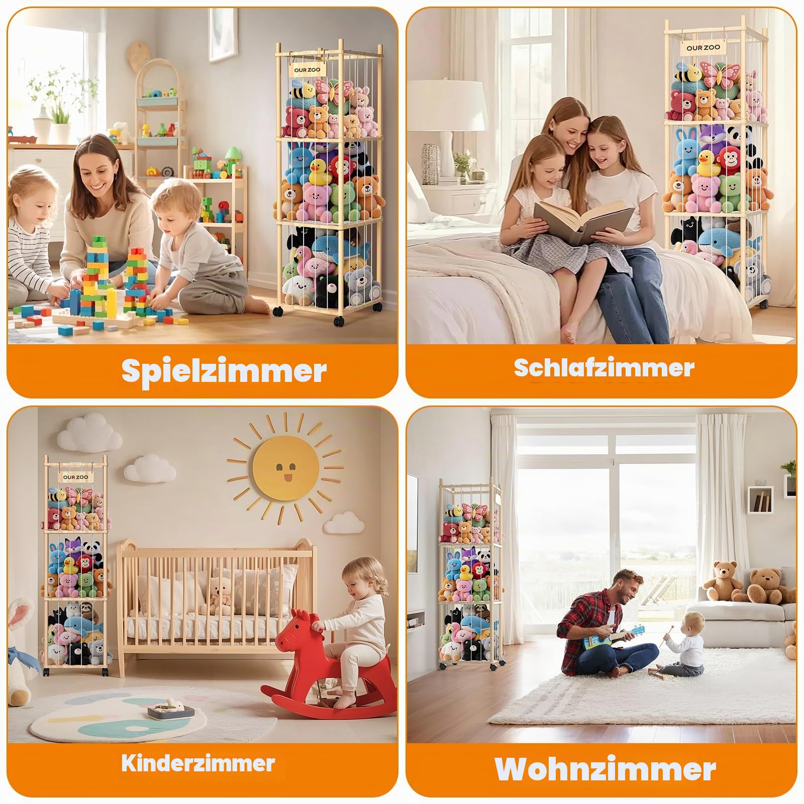 Uvellgift Holz Kuscheltier Aufbewahrung mit Netz, Stofftier Aufbewahrung Organizer 360° Drehrollen mit Bremse, Plüschtier Aufbewahrungsturm für Kinderzimmer Spielzimmer, 136x40x40cm