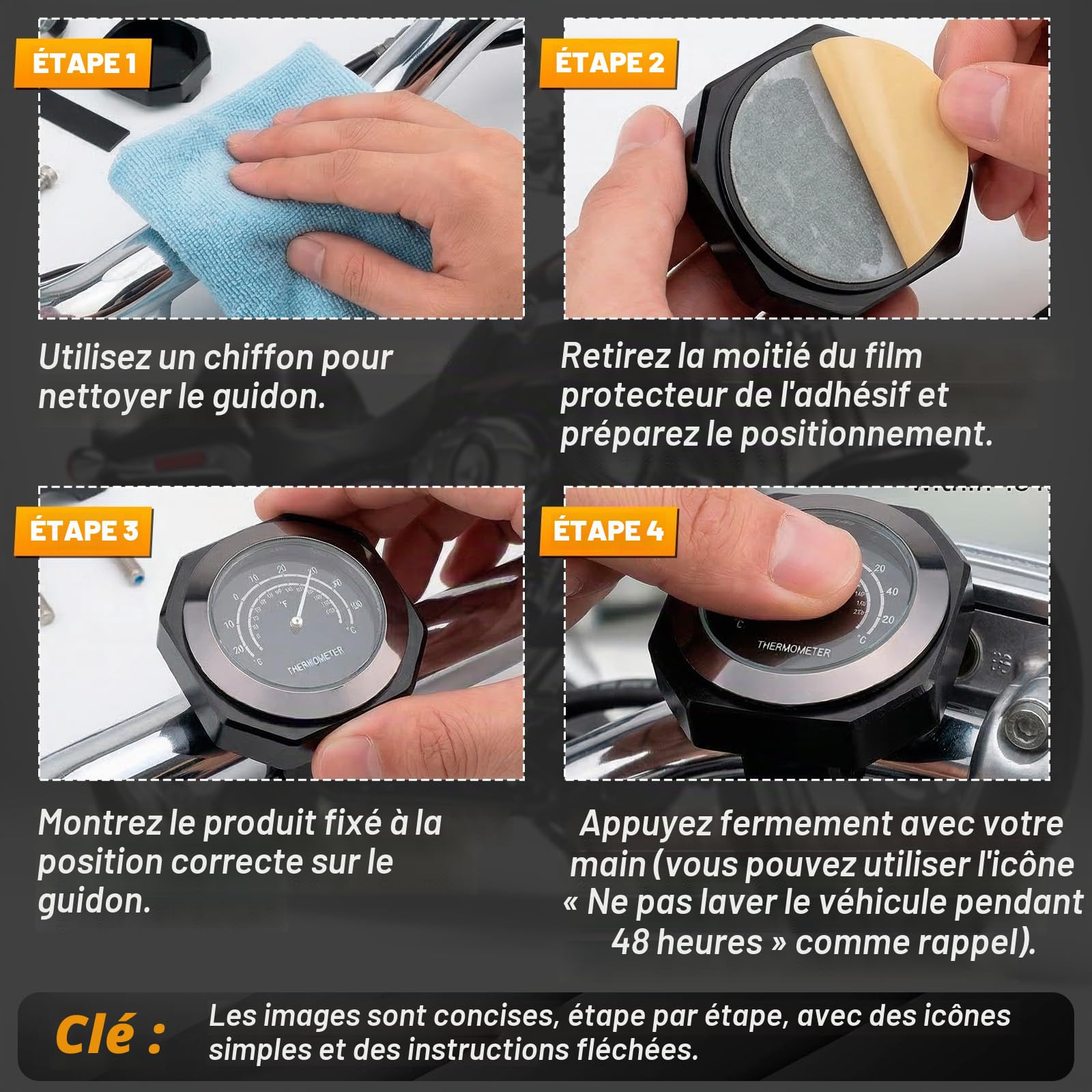 Jauge de thermomètre de guidon de moto, Baceyong jauge de température en alliage lumineux étanche Compatible avec Yamaha Kawasaki Suzuki Honda, pointeur fluorescent visible la nuit thermomètre