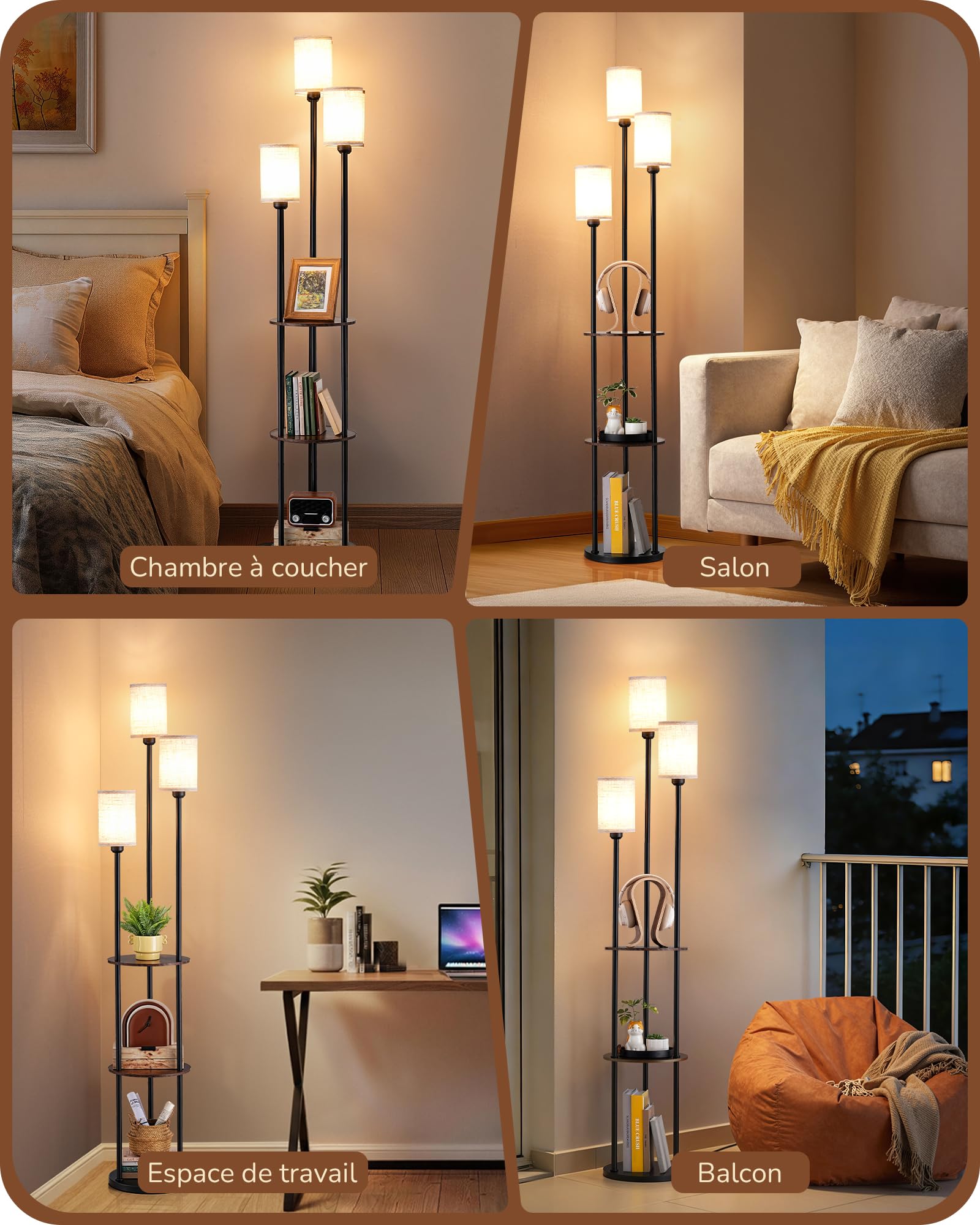 EDISHINE Lampadaire sur Pied pour Salon, Lampe sur Pied LED 3-Flamme avec Étagère et Abat-Jour en Lin, Douille E27, Ampoules Incluses, Lampe Moderne pour Chambre et Bureau, 178 cm