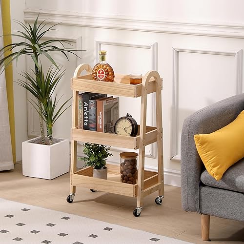 Miniatura 7 de Carrito de artesanía con ruedas de 3 niveles, madera de color claro, resistente, impermeable, con ruedas, para cocina, baño, lavandería