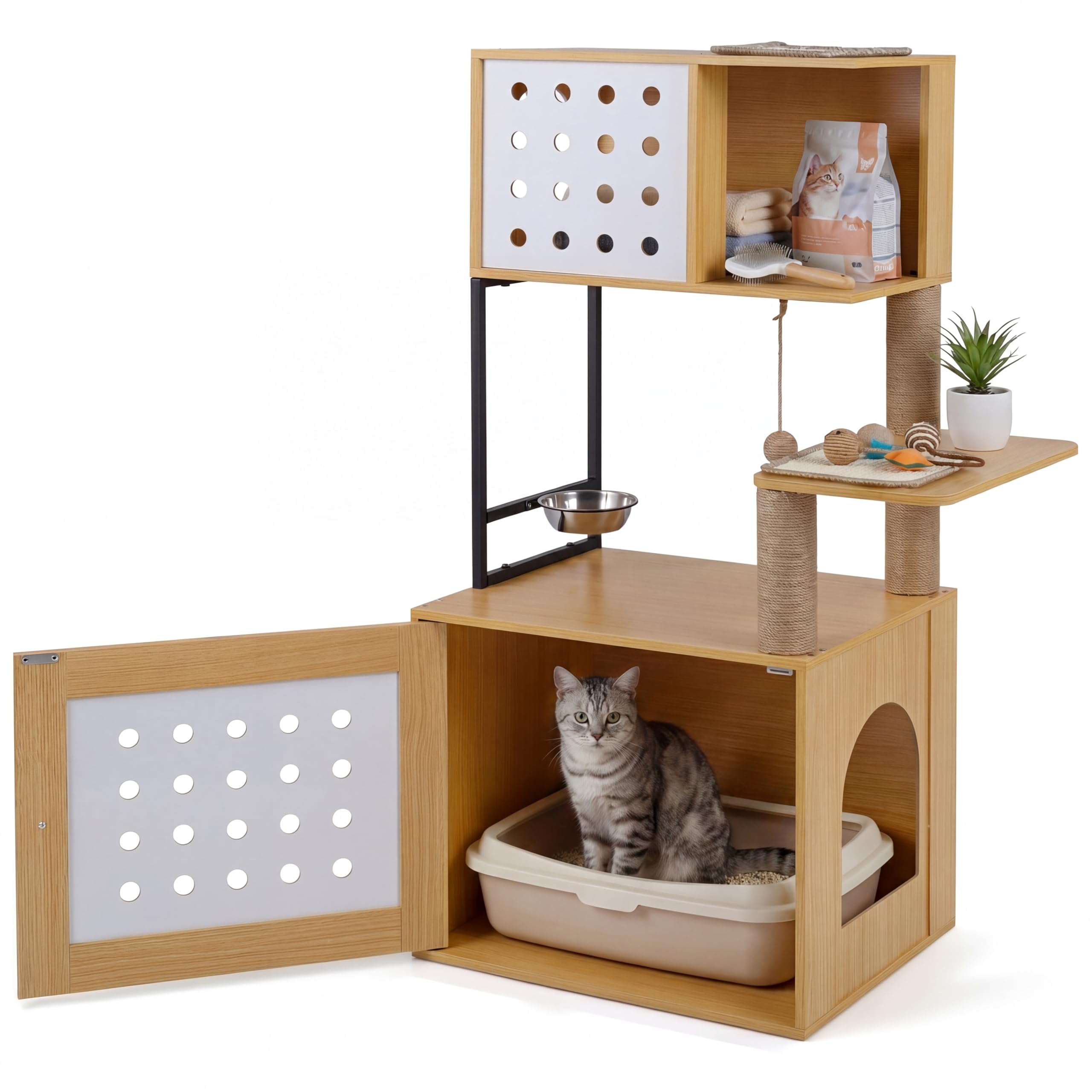 GOPLUS Árbol Rascador para Gatos de Múltiples Niveles, Altura 117,5 cm, Torre para Gatos con Recinto para Caja de Arena, Postes Rascadores de Sisal, Condo, Alimentación y Bola Colgante (Natural)