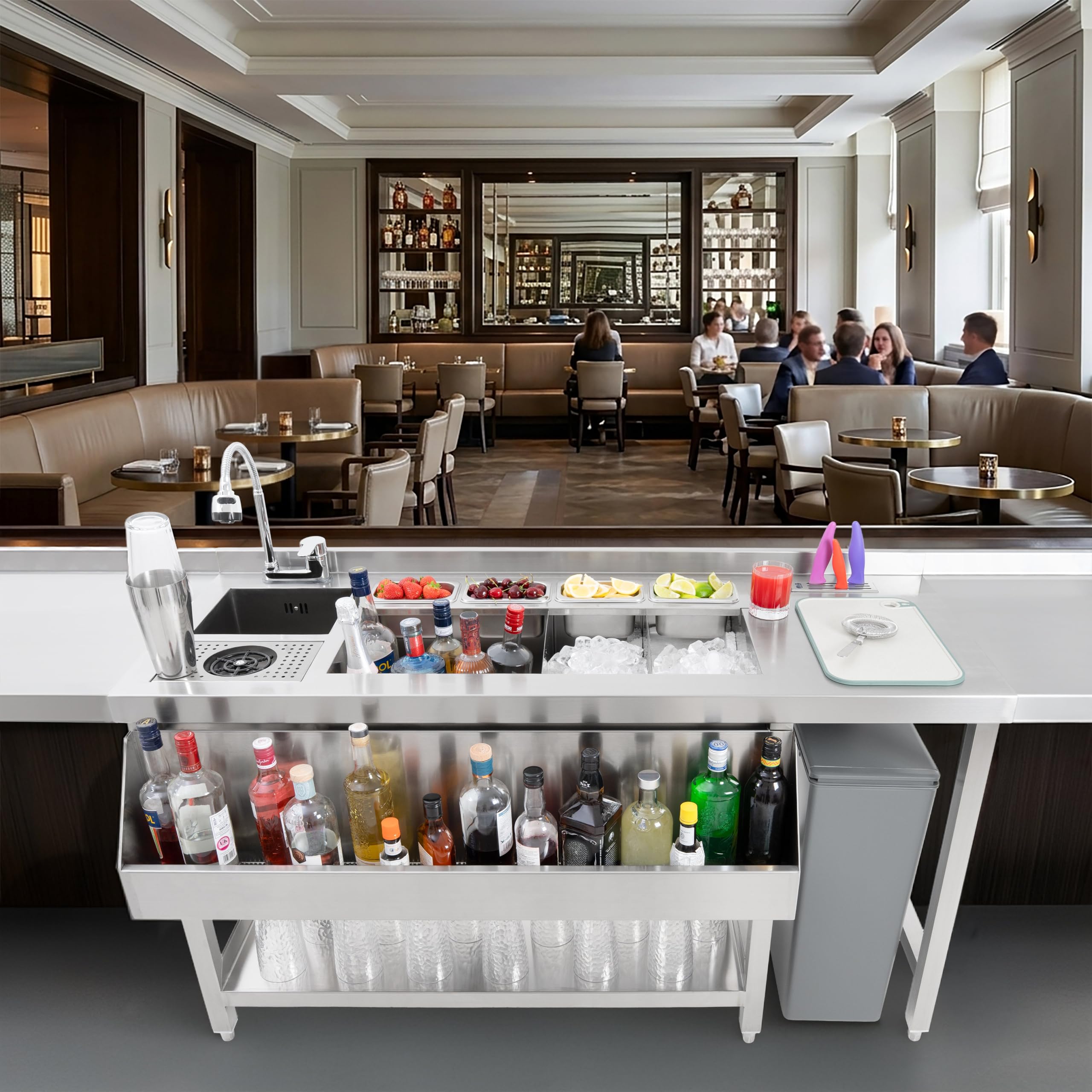 Estación de Coctelería Premium de Acero Inoxidable, Fregadero, Grifo 360°, Compartimentos para Hielo, Riel Portabotellas y Accesorios Incluidos, Para Bares y Restaurantes