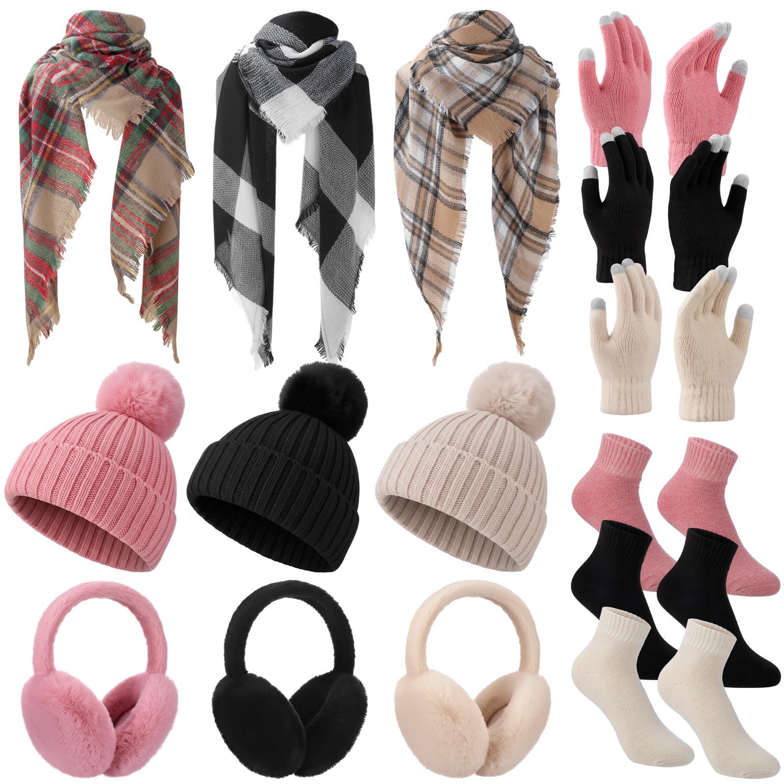 15 Pcs Winter Beanie Hat Scarf Gloves Ear Muffs Socks Set Knit Beanie Hat with Pompom Touch Screen Gloves for Women (Black,Beige,Pink)-image-12