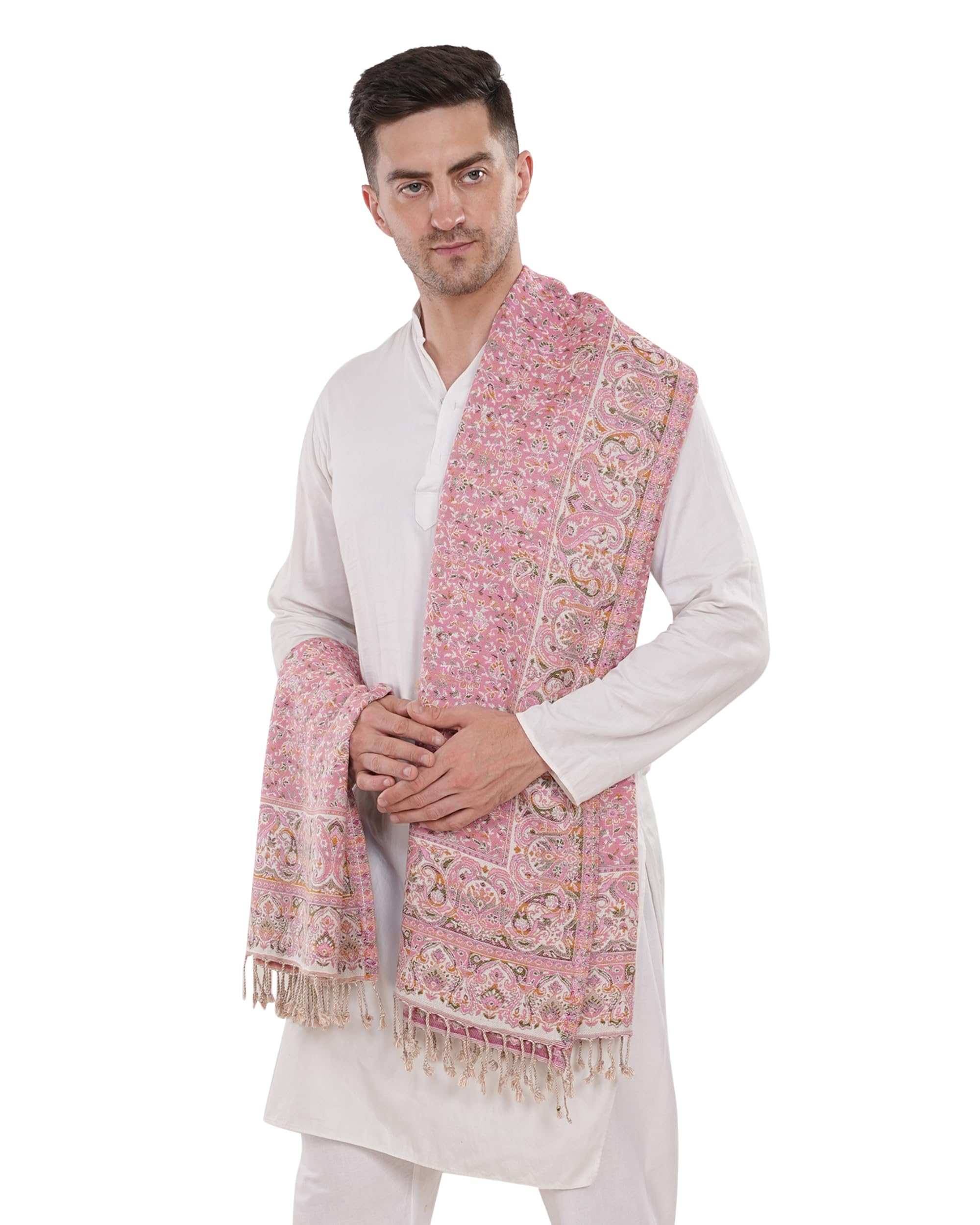 manra Men’s Kashmiri Wool Shawl – Multicolor Jamawar Floral Design with Tassels | Luxury Ethnic & Wedding Stole & Shawl for Winter-picture-32