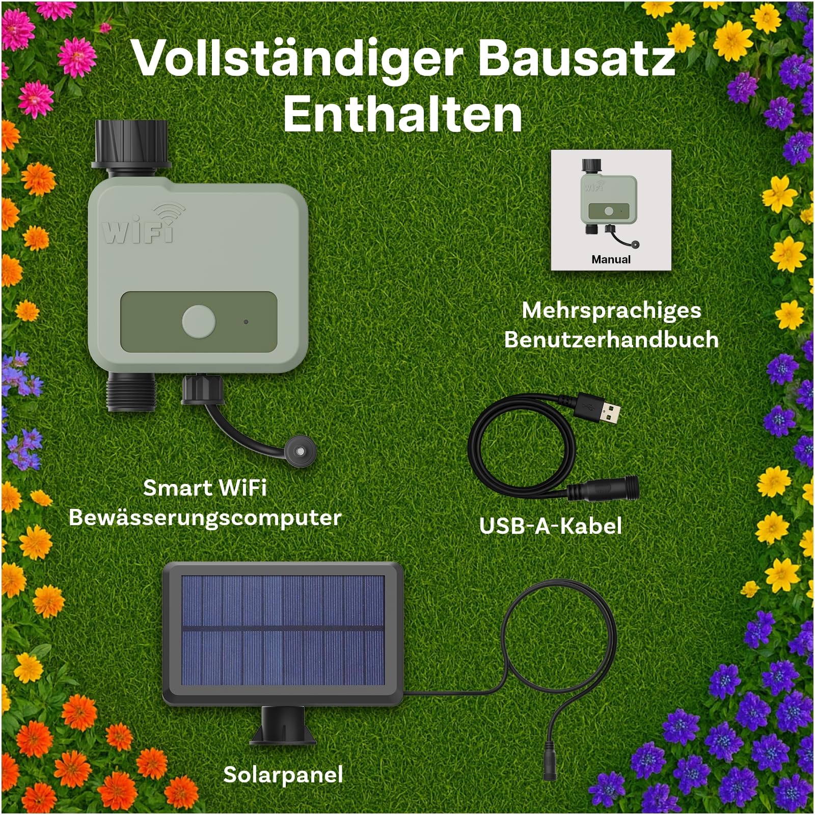 Smart WiFi Bewässerungscomputer von MMOBIEL – Solar- & USB-betriebene Automatische Bewässerungssteuerung - 30m Reichweite, Flexibler Bewässerungsplan, Wetterfest, Einfaches Setup für Garten & Rasen
