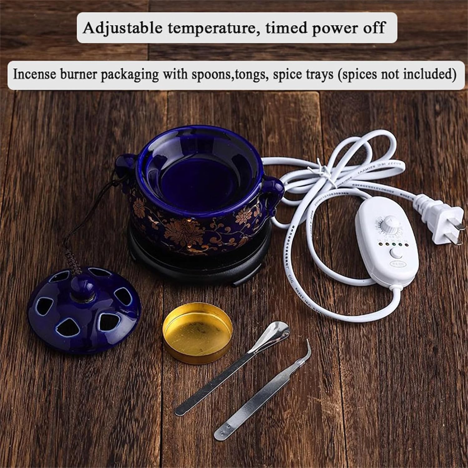 Electric Resin Burner with Timing,Ceramic Electric Incense Burner,Bakhoor Burner Censer 110 V for Home Porch,Patio,Garden,Office,Yoga, Living Room, Meditation Room (Blue Gold)