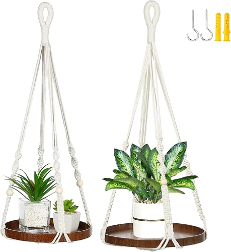Paquete de 2 colgadores de macramé para plantas, colgador de plantas para interiores, estante colgante para macetas (beige) (1 grande + 1 mediano)