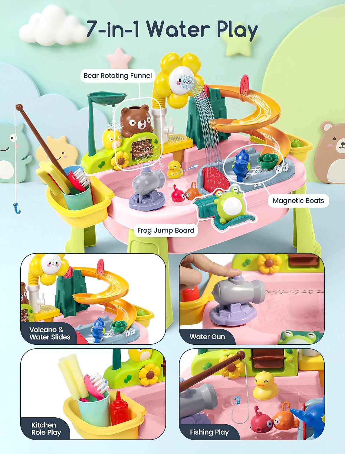 OKPOW Water Table for Toddlers 1-3 with Pump: Summer Play Sink with Running Water for Outdoor Indoor Activity, Sensory Fishing Playset Toys, Birthday Gift for Kids Boys Girls