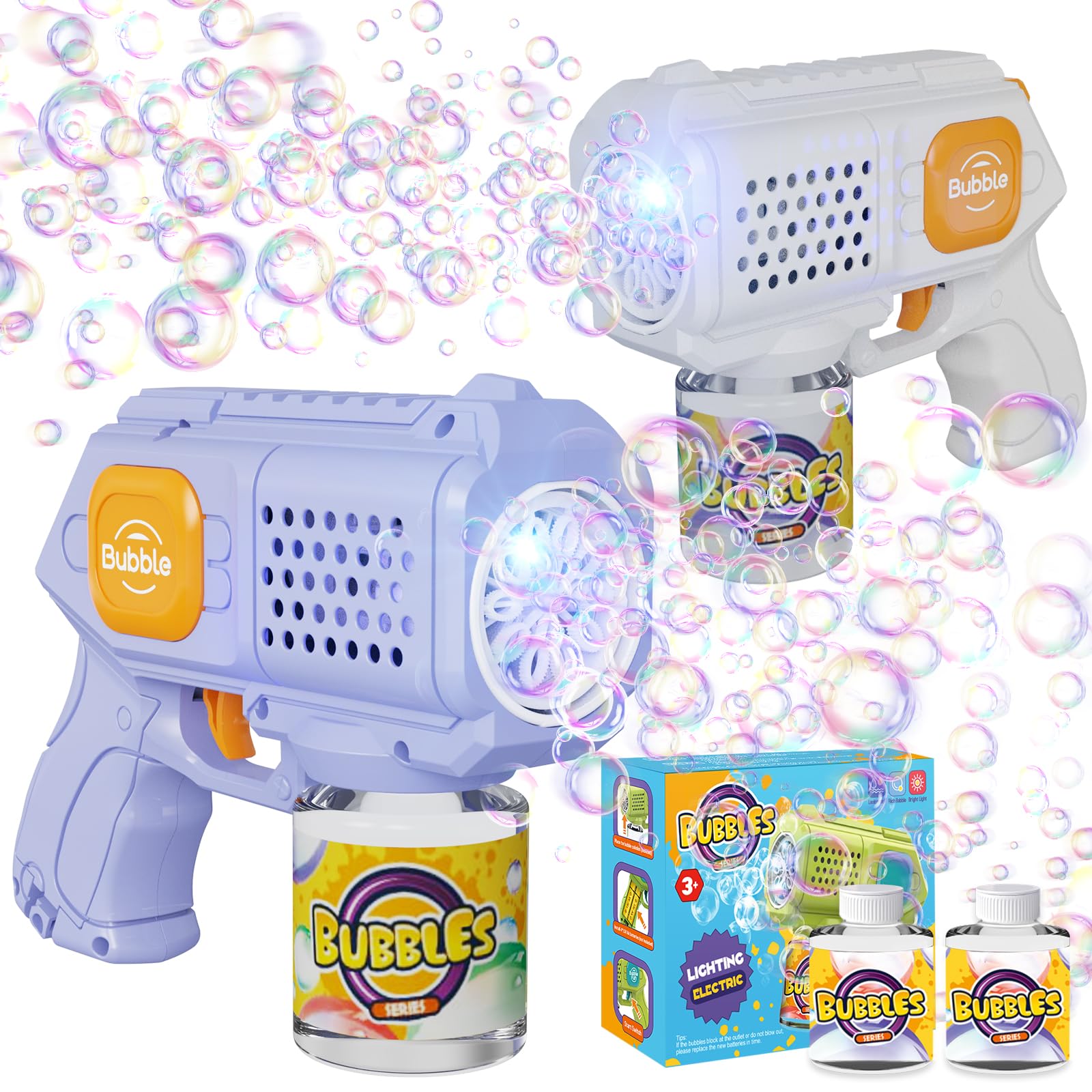 2 Pièces Pistolet à Bulles Automatique – 8000+ Bulles/Min Via 10 Trous, Anti-Fuite 360°, Portable avec Lumières LED – Machine à Bulles pour Enfant – Anniversaire/Mariage/Fête/Cadeau
