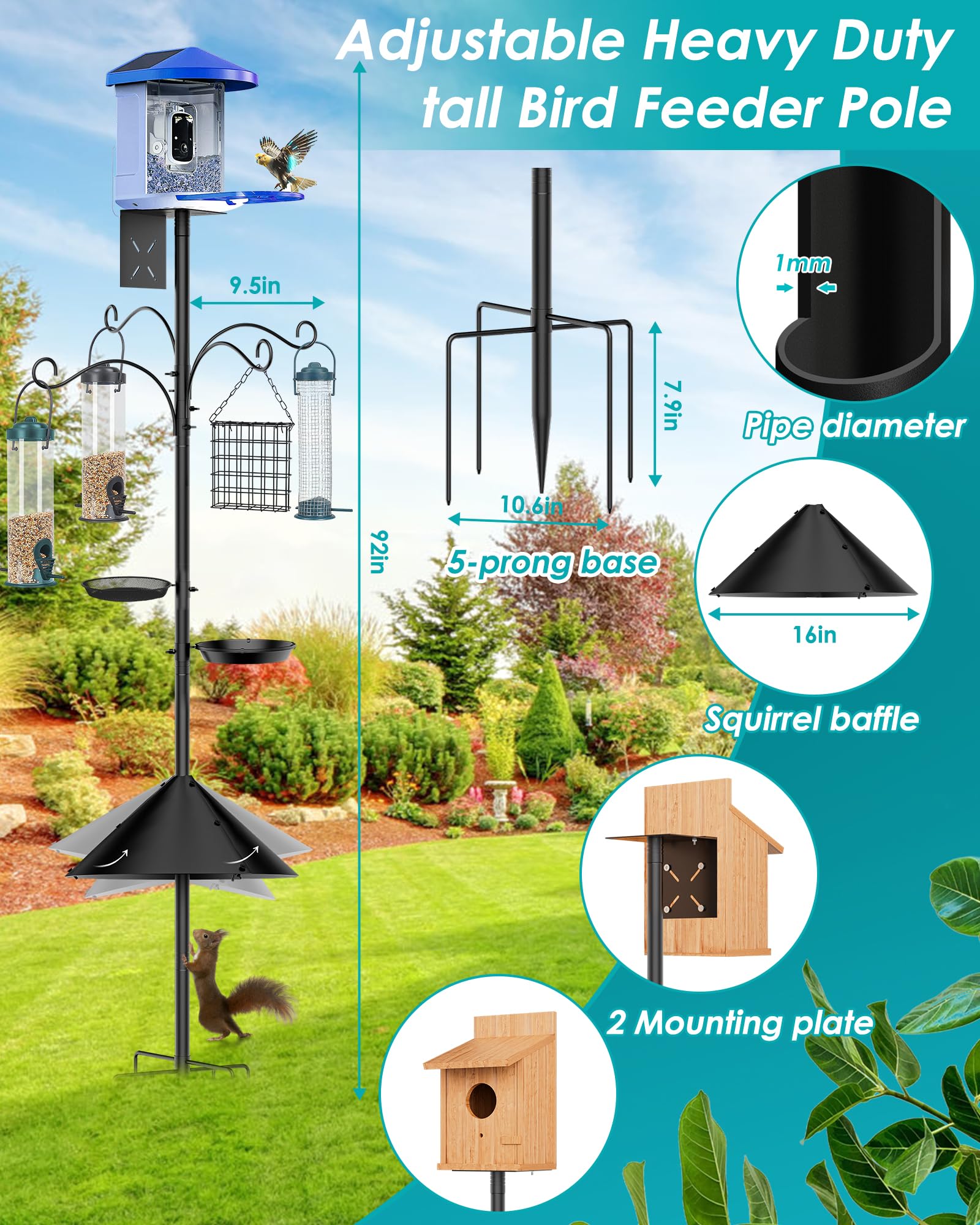 Poste de comedero para pájaros a prueba de ardillas, poste de comedero de pájaros resistente de 92 pulgadas para exteriores, estación de alimentación de pájaros, colgador para pájaros silvestres que