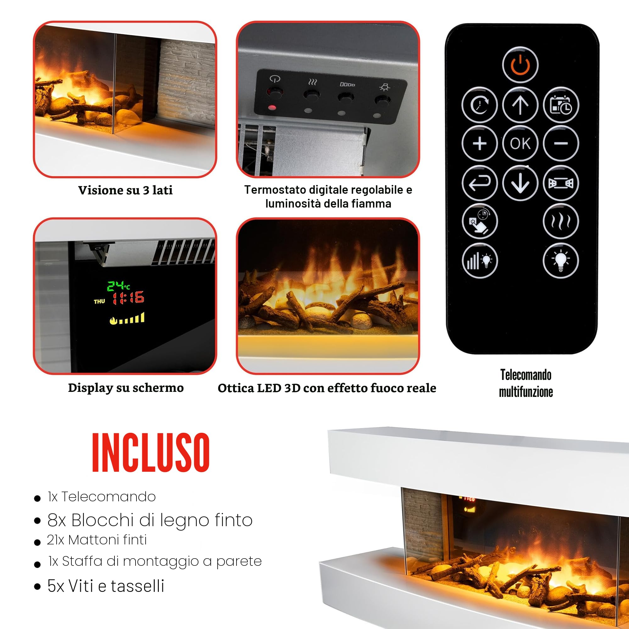 Montreal Camineo Elettrico - Caminetto Elettrico con Riscaldamento, Telecomando e Timer - Stufa Elettrica con Fiamme LED - 2000W - Libera Installazione - Bianco