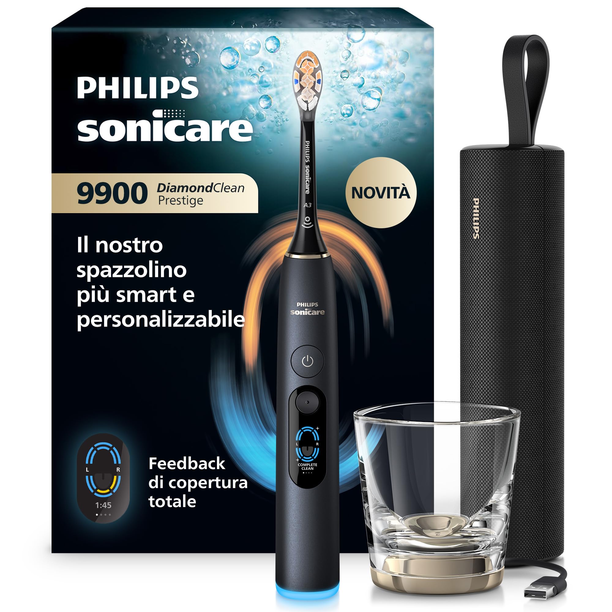 Philips Sonicare Next-Generation DiamondClean 9900 Prestige Spazzolino elettrico - con SenseIQ, Feedback di copertura totale, Feedback di pressione, 24 impostazioni, nero quarzo, HX9813/92