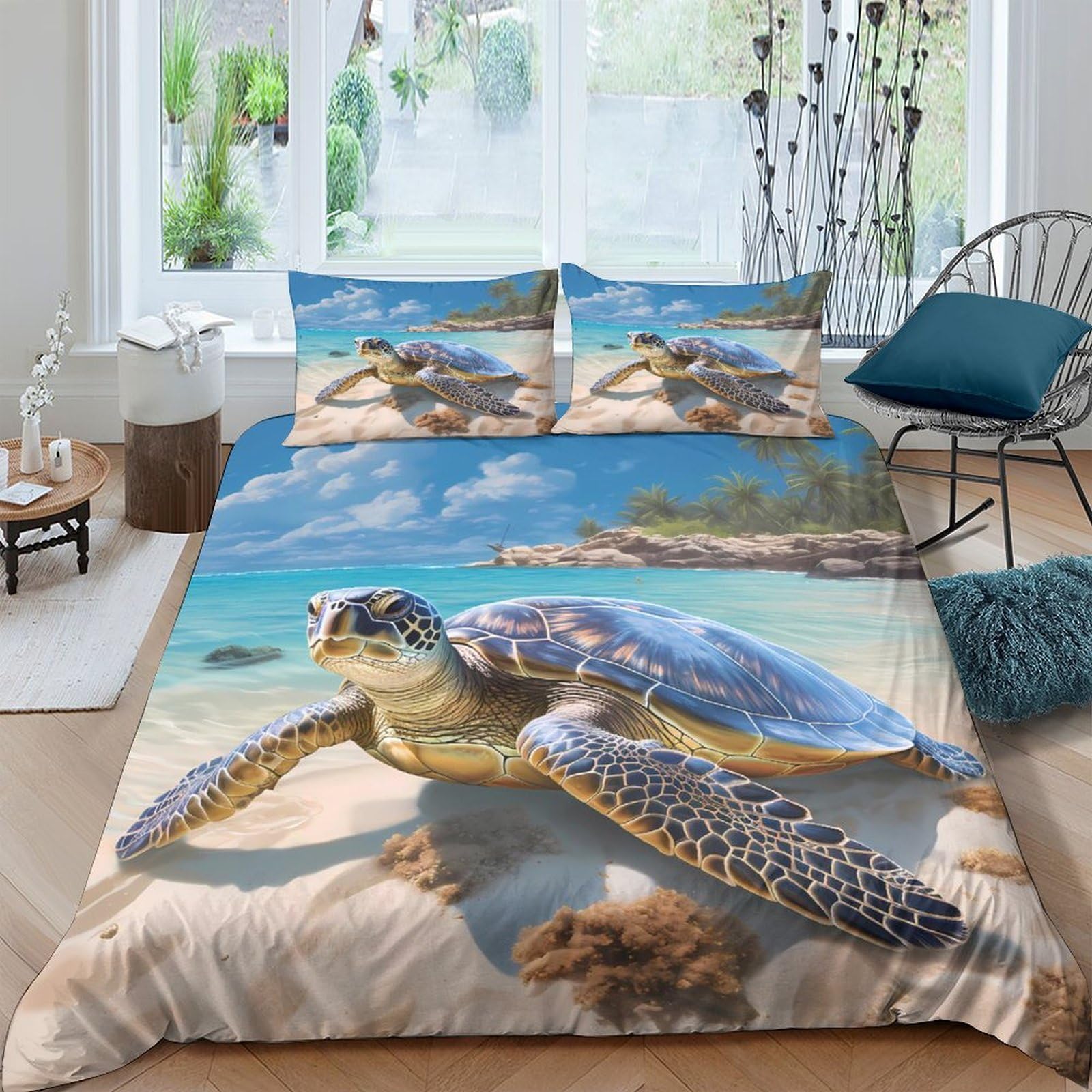 TUFRTGYHN 3D Printed Sea Turtle Beach Duvet Cover Microfiber Soft Breathable Ocean Shore Bedding Set with 2 Pillowcases for Bedroom Decor 110 Single（135x200cm）