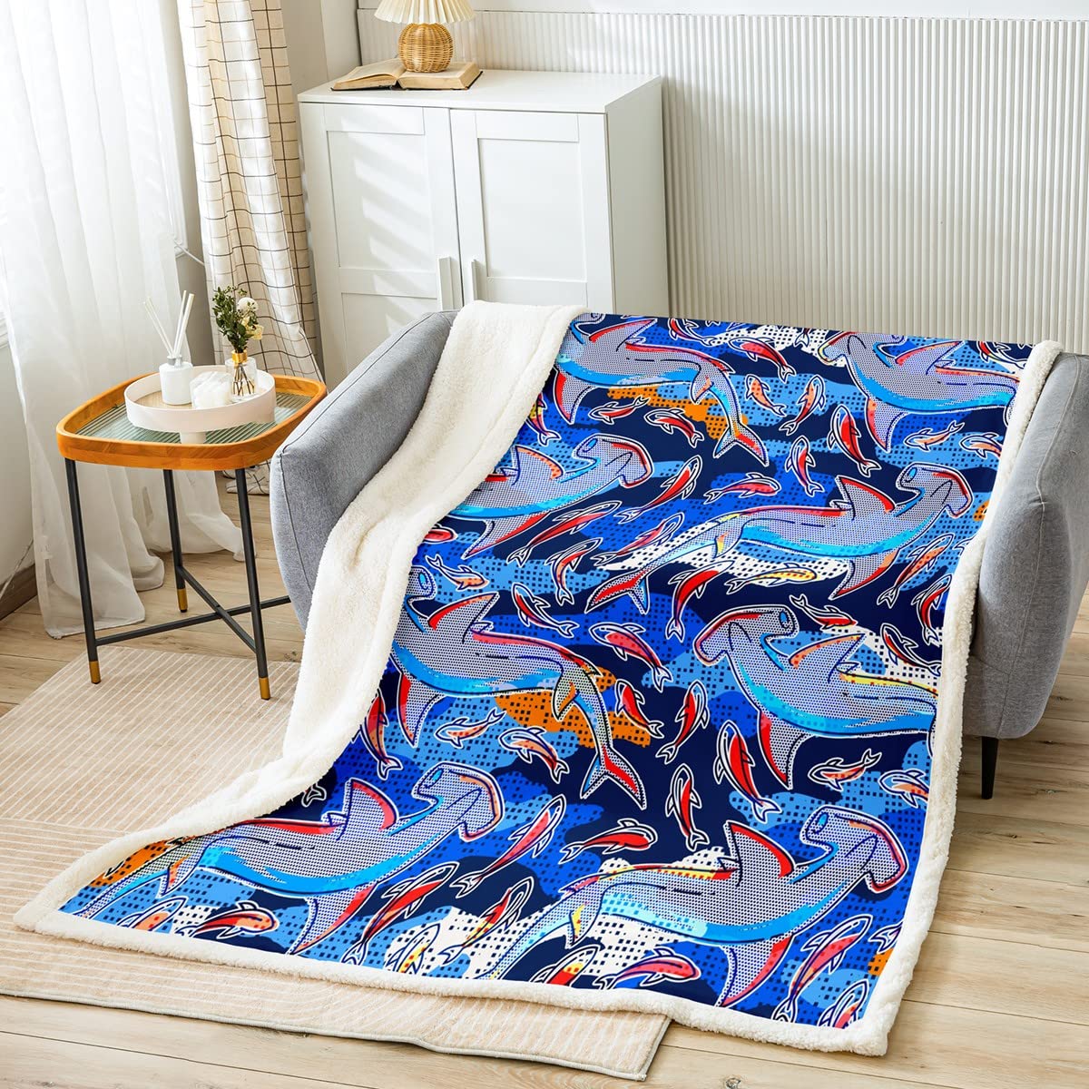 Coperta Sherpa, coperta in pile marino, con motivo a balena, per ragazzi, ragazze, bambini, creature colorate, per divano letto, queen 200 x 200 cm