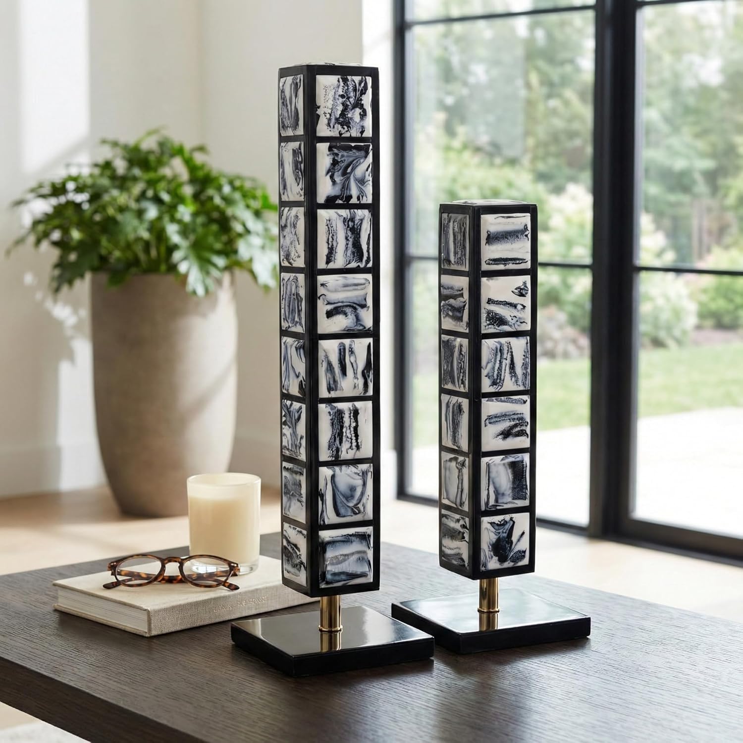 Rectangular Tower for Home and Bathroom Decor - Sculptures for Office Shelf, Living Room, and Coffee Table - Modern Resin and Metal Decorative Objects for Mantel - Set of 2, 21", 16", Black & White