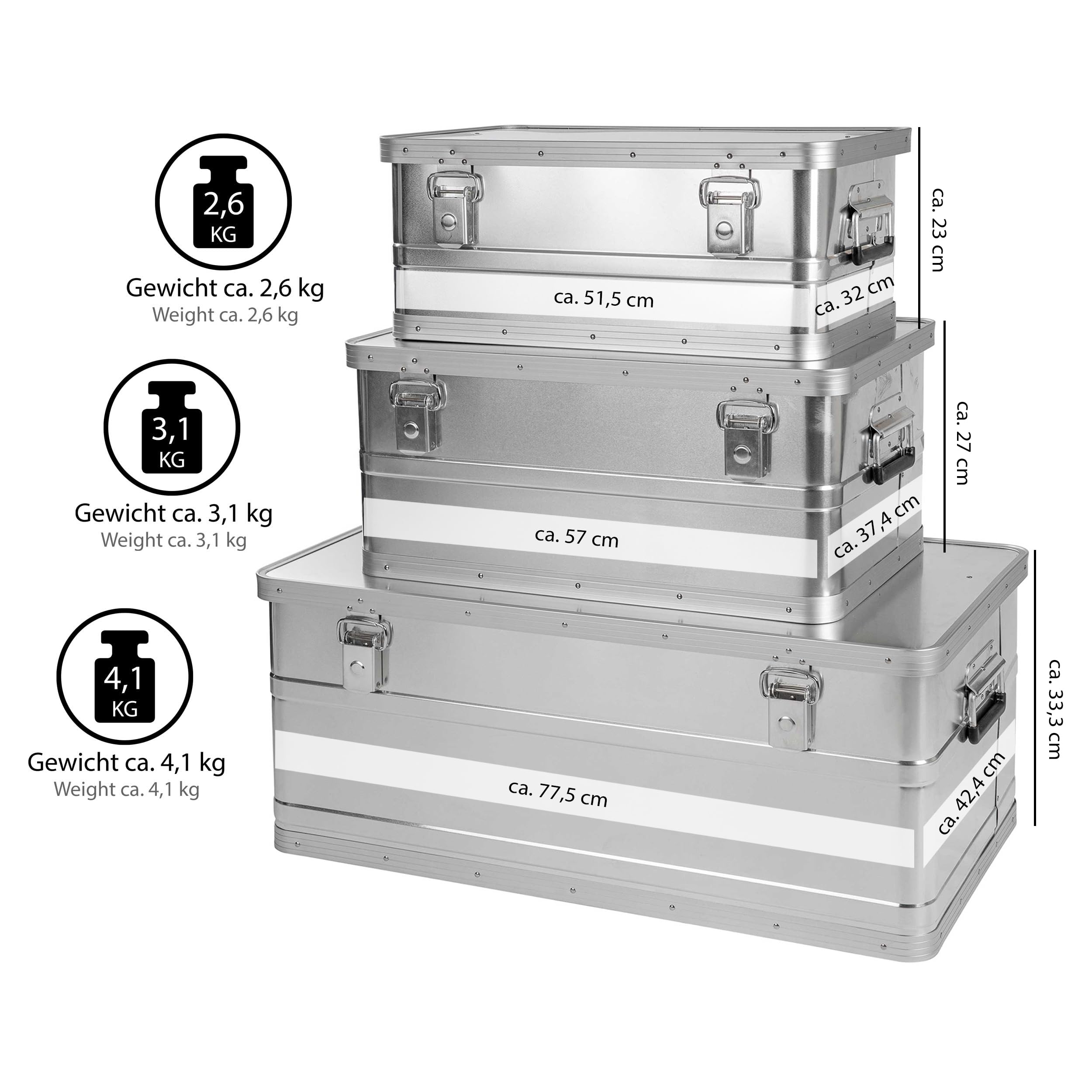 ONVAYA Alubox 3er Set stapelbar | Alukisten mit Deckel | Transportkiste | Aluminiumkiste | Aluminiumbox | ONVAYA Alubox 3er Set stapelbar | Alukisten mit Deckel | Transportkiste | Aluminiumkiste | Aluminiumbox