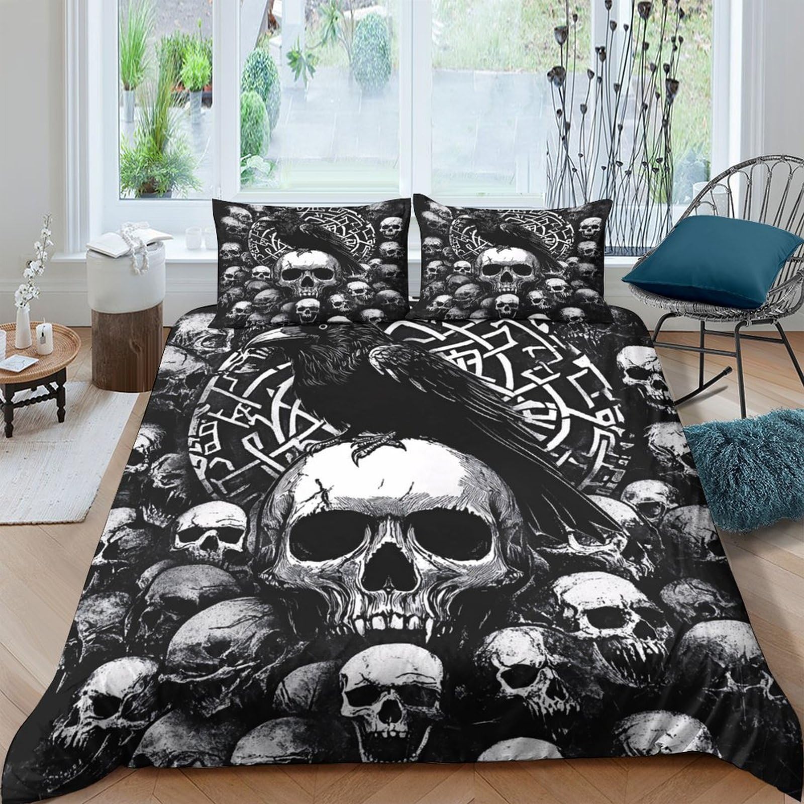 Ctjqhvkz Style-2 3D Printed Skull Raven Fitted Sheet Microfiber Black Gothic Bed Cover Bedroom Decor Mattress Protection Single（135X200cm）
