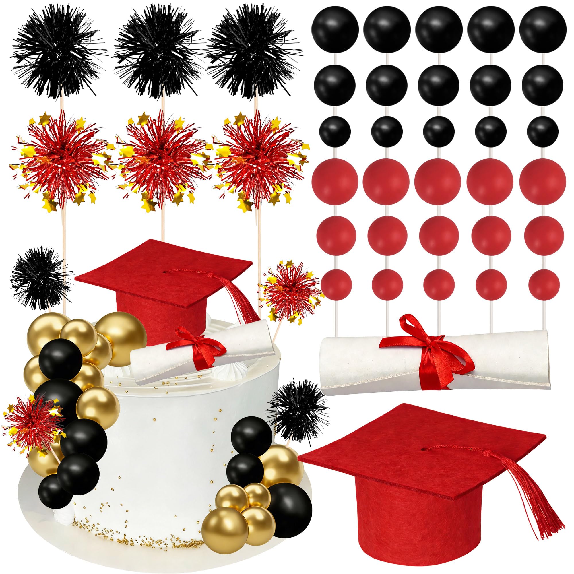 Xsstarmi 42 Pack Graduation Cake Topper Decoration Set with Firework Black Red Balls Cake Pick for Diploma Done Congrats Grad Theme Party Cake Decorations