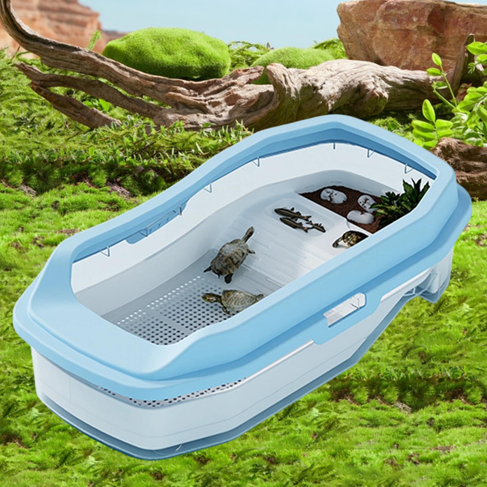 Tanque para Tortugas, Acuario para Cría de Tortugas, Suministros a Prueba de Fugas, Hábitat para Tortugas, Tanque para Reptiles, Ranas Ermitañas, Laga, Azul, Individual