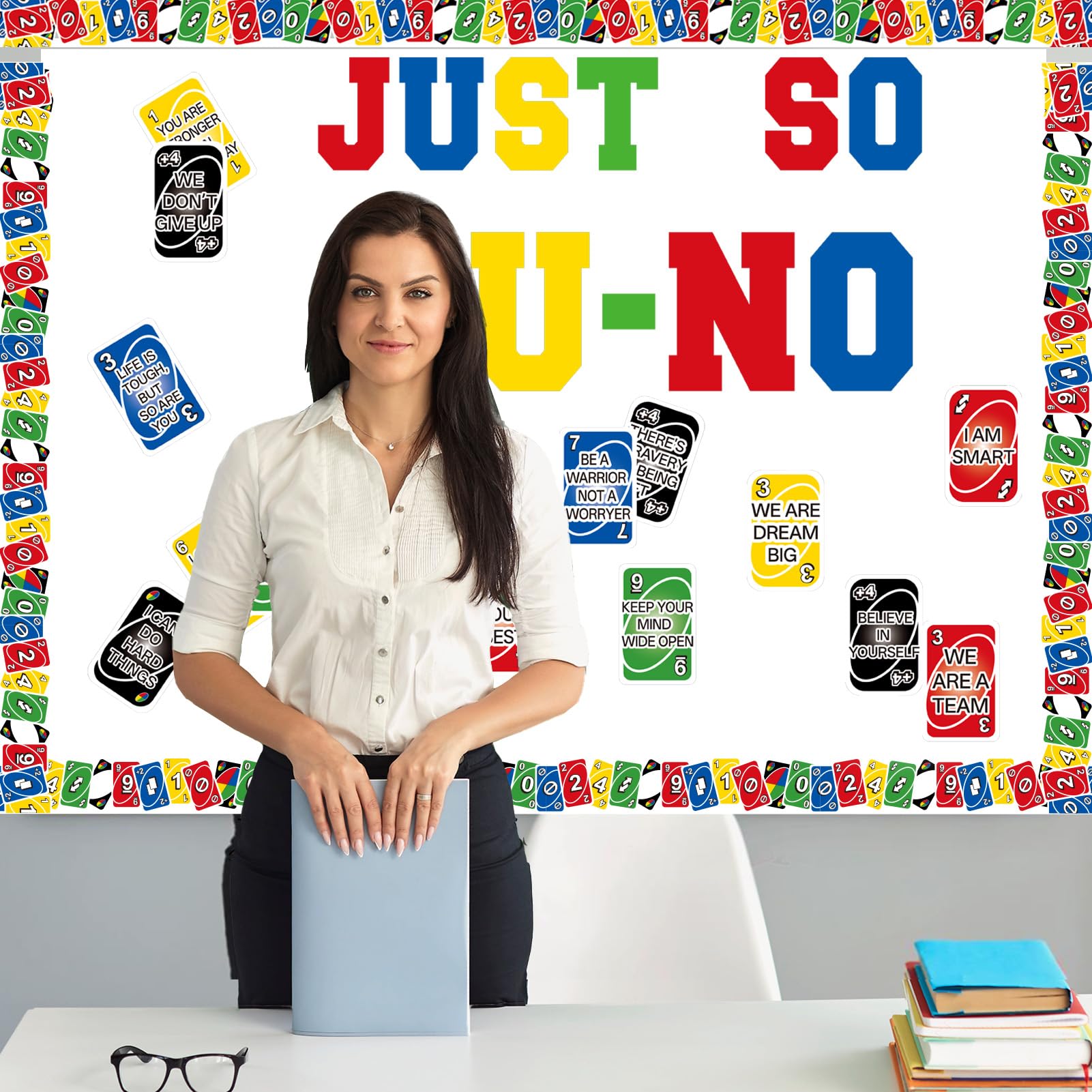UNO Jeu de cartes positif, décoration de tableau d'affichage positif, bordures de jeu de motivation, décoration de salle de classe, bibliothèque, fenêtre, mur, porte, pour enseignant d'école