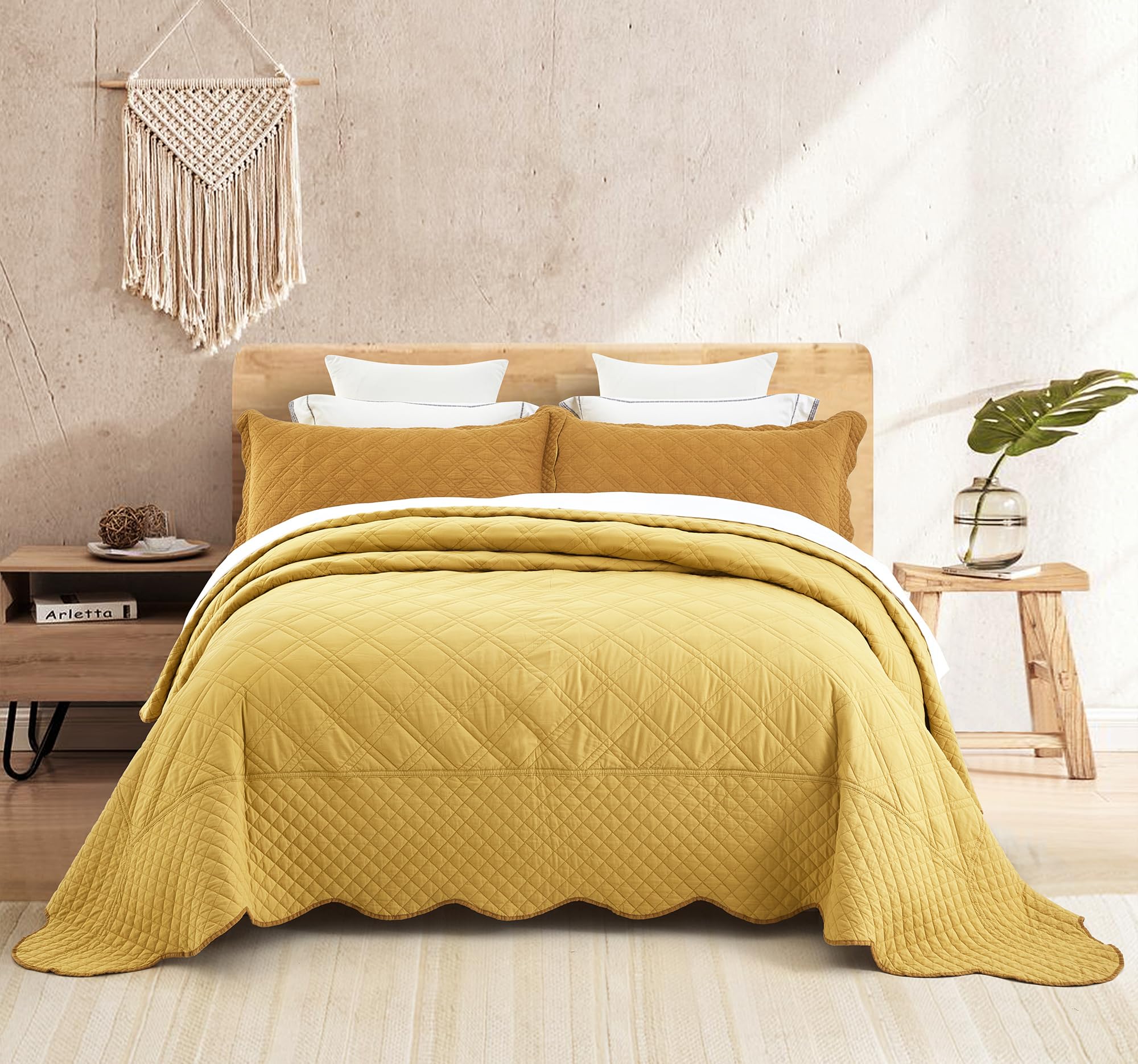 HZ & HY Oversized King Bedspread 128x120 Extra Wide Yellow - Luxury Collection - 100% Linen, Ultra Soft & Lightweight, Reversible, 3 Piece, Yellow