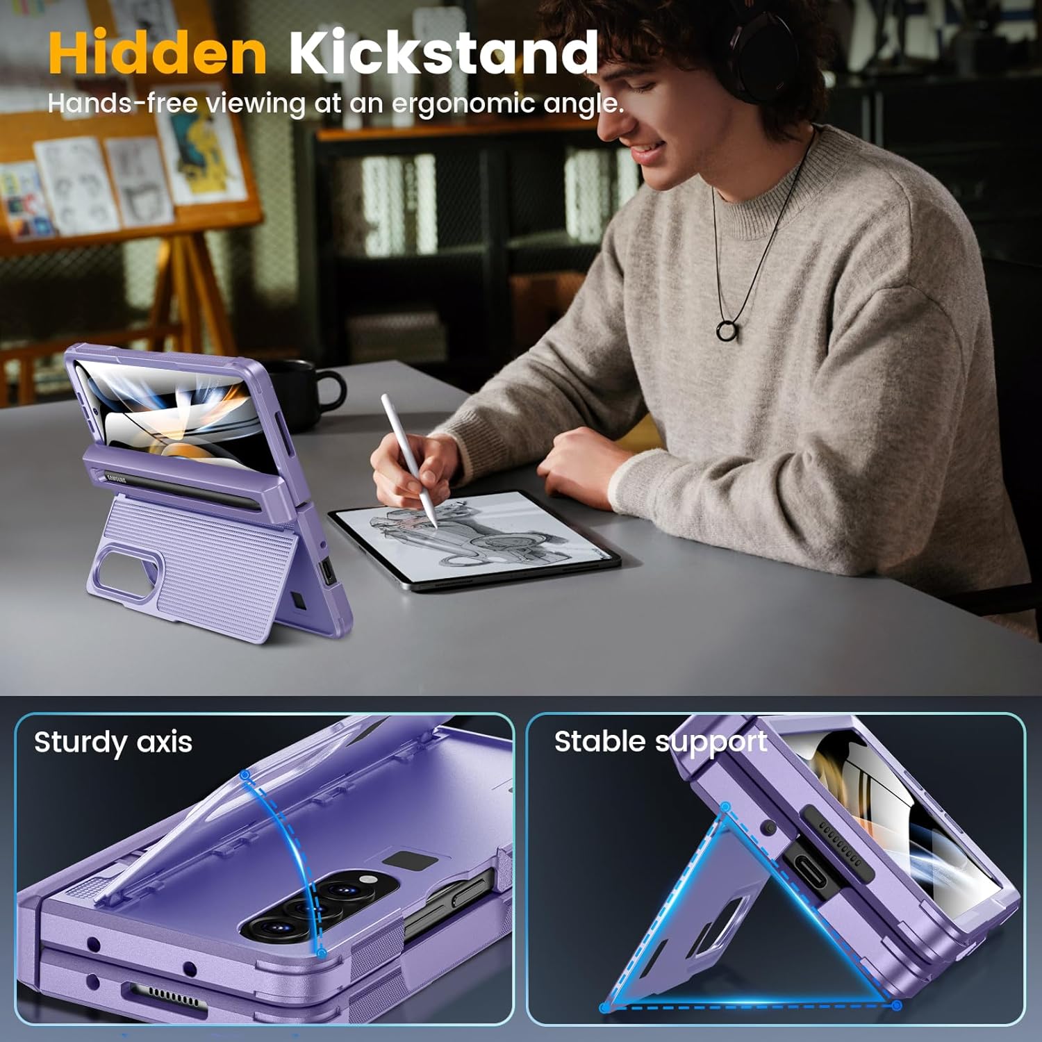 Caka for Samsung Galaxy Z Fold 4 Case [Thinner S Pen Holder] [Hidden Kickstand] [Hinge Protection] [Screen Protector] Full Body Hard Shockproof Phone Cover with Anti-Slip Textured for Fold4 - Purple