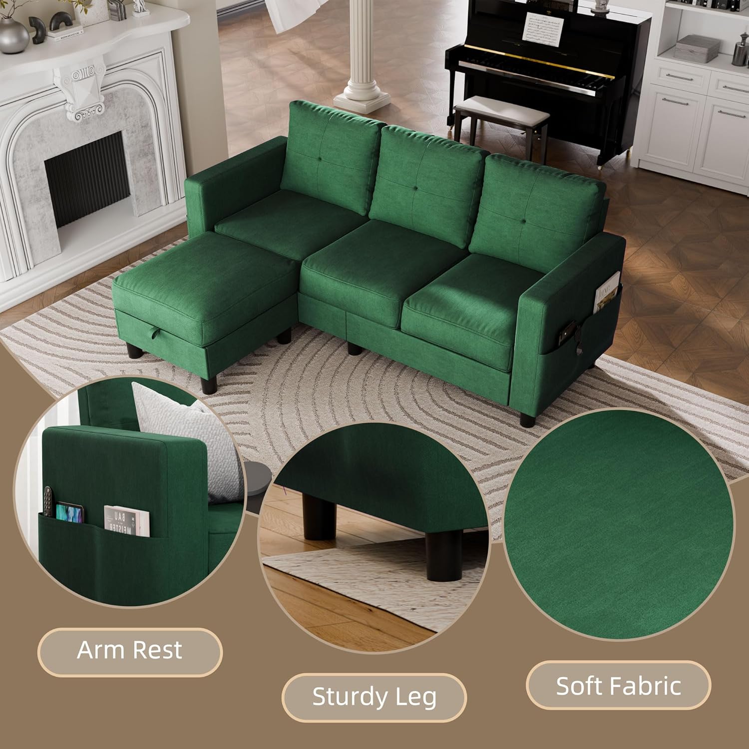 Details of Walsunny Sofa: Armrest, Sturdy Leg, Soft Fabric