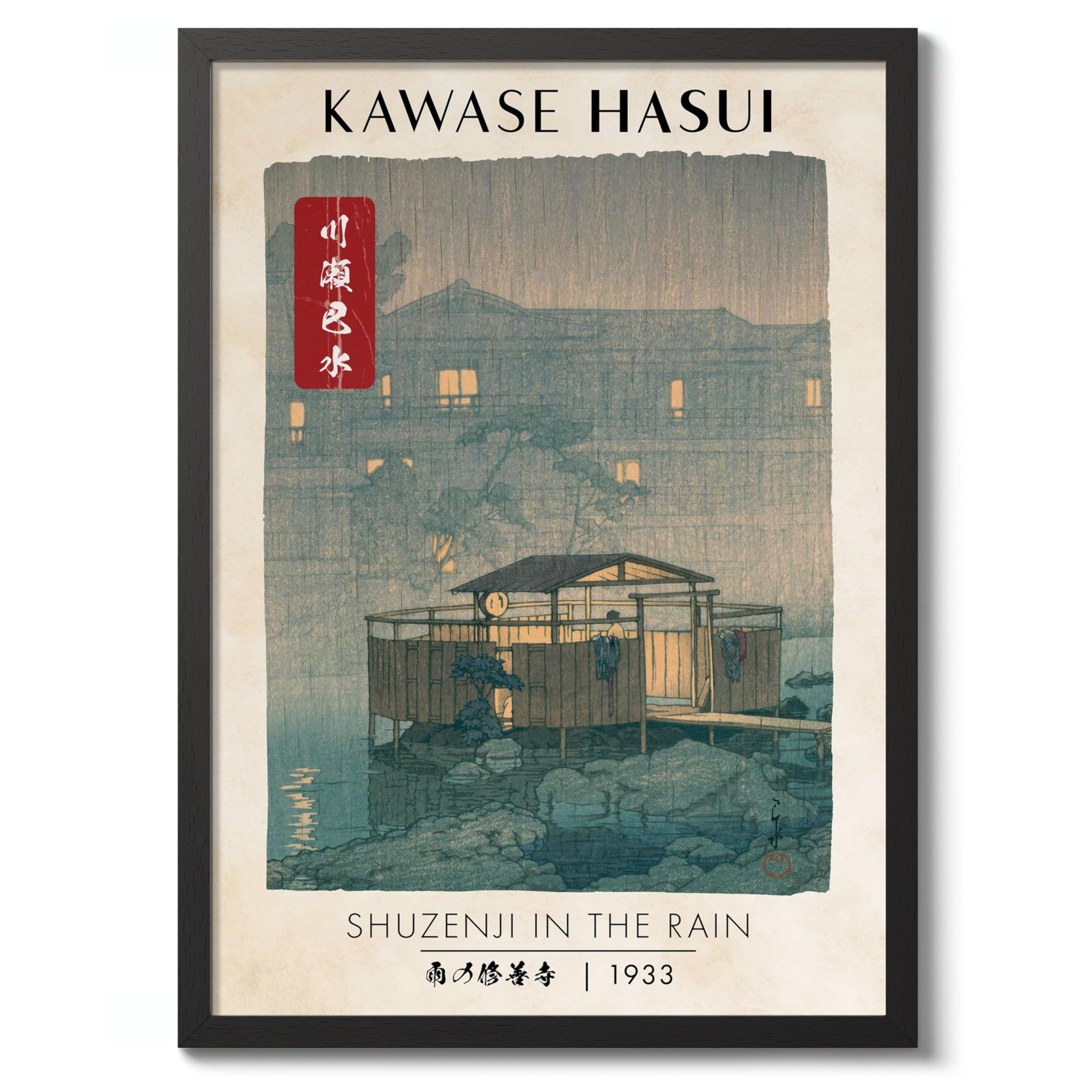 Shuzenji In The Rain Template Traditional Woodblock Poster, Ukiyo-e Art Prints, Japanese Wall Art, Scenic Landscapes Home Decor, A3 (Black Frame) - 45x32.8cm