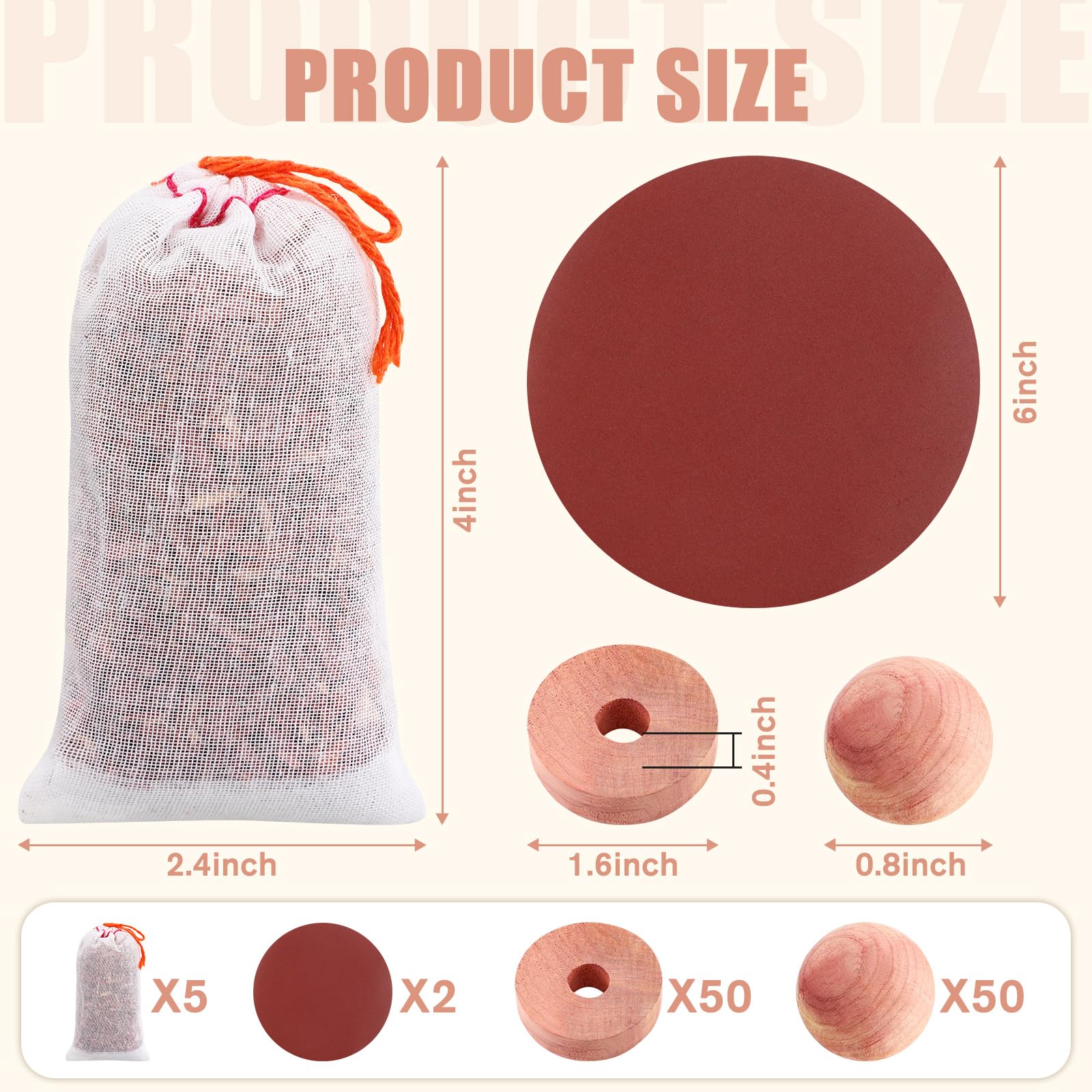 Barydat 107 Pcs Cedar Blocks for Clothes Storage 50 Pcs Cedar Balls 50 Pcs Cedar Rings 5 Pcs Cedar Sachet Bags 2 Pcs Round Flocking Sandpaper Cedar Accessories for Closets Drawers Clothing Freshener