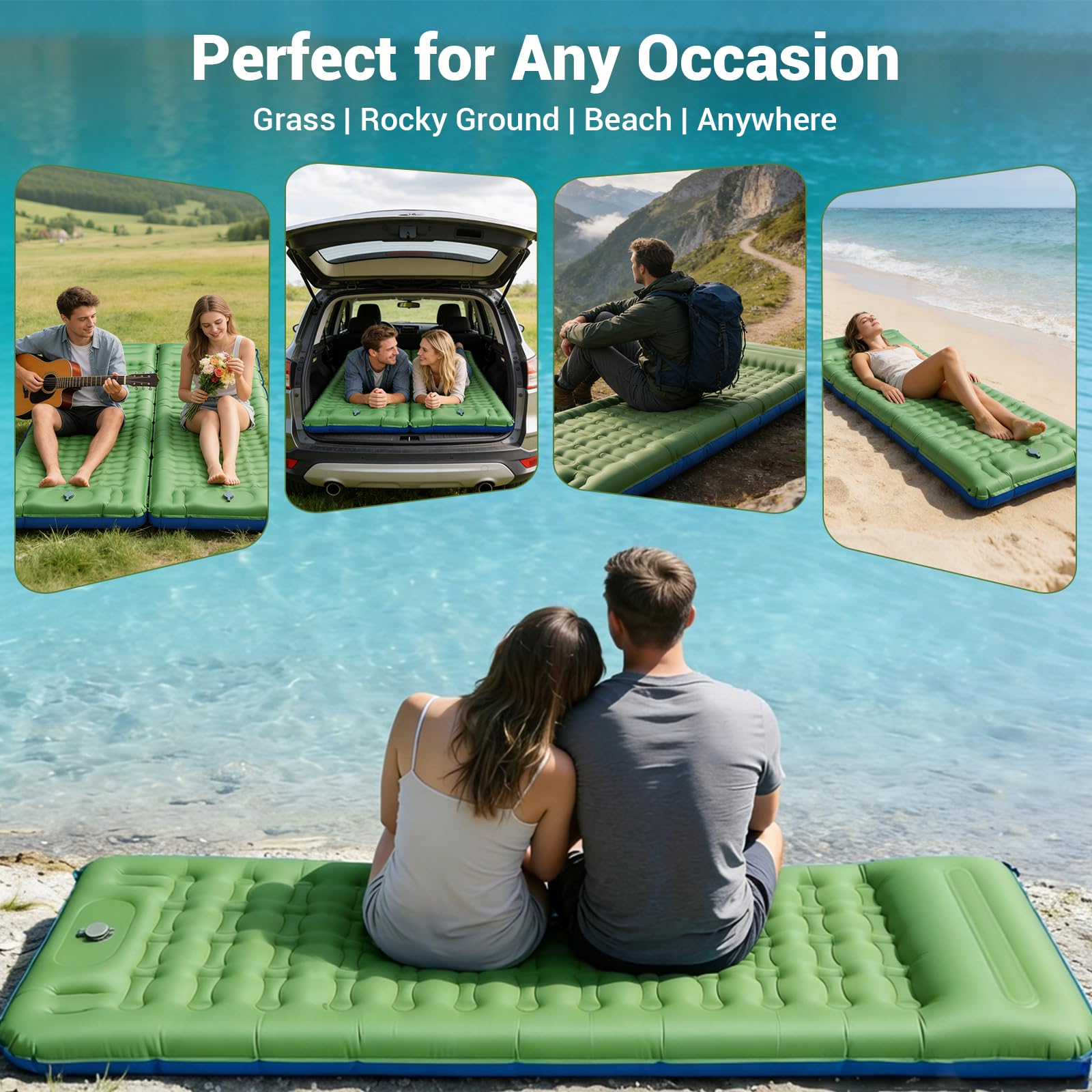 JATEKA Materassino Gonfiabile Campeggio Ultra Leggero con Cuscino Integrato 14 cm Materasso Gonfiabile Singolo per Viaggi Outdoor Spiaggia Materassino da Campeggio Azzurro-Verde
