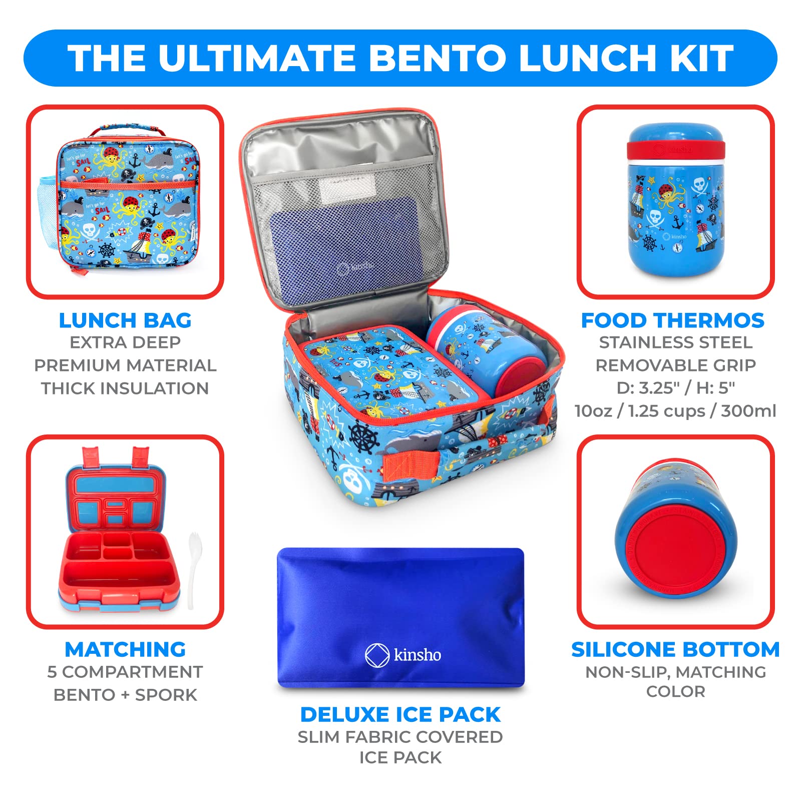 Bento Box with Thermo and Insulated Lunch Bag Set for Kids Boys Toddlers, 5 Compartment Lunch-box with Ice Pack and Utensil, For Hot and Cold Food, Soup, Blue Pirates