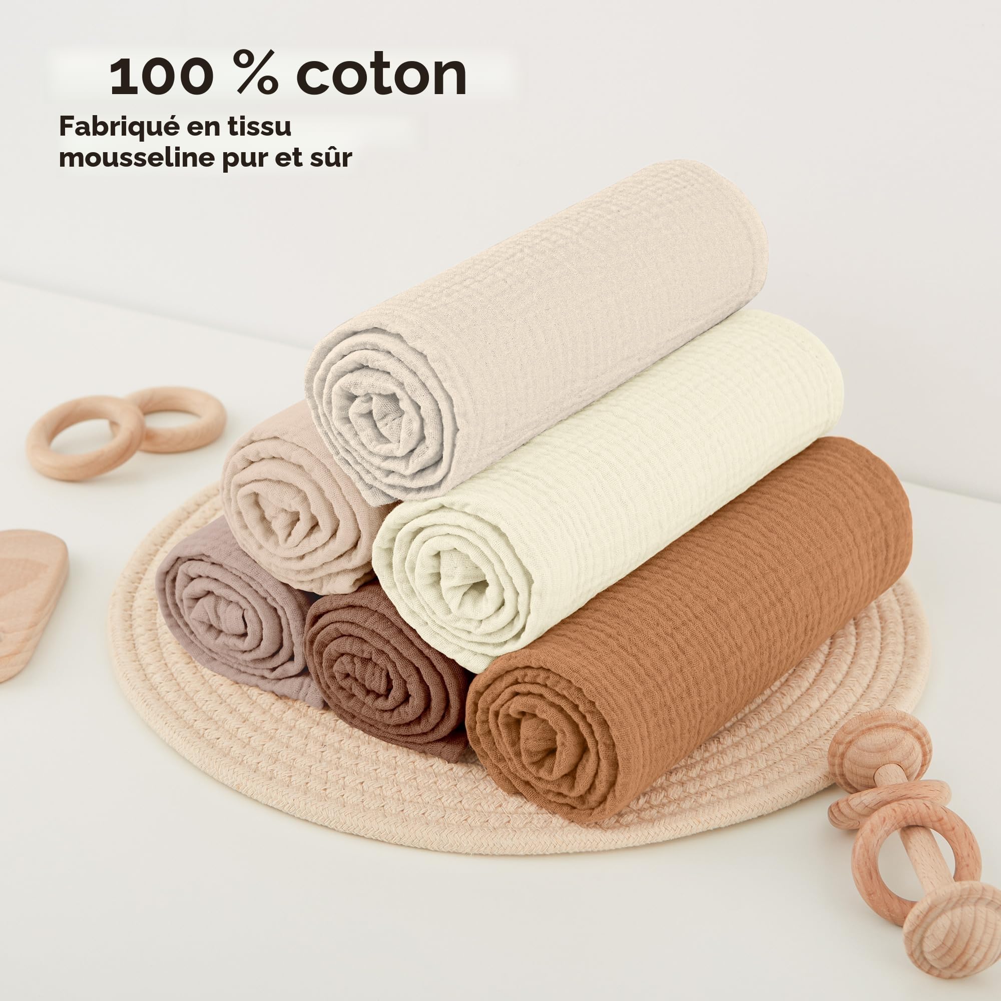 bearmoss Langes Coton BéBé, Absorbant Respirant pour Nouveauné Peau Sensible pour Unisexe Bébé Filles et Garçons Lot 6 de Mousseline de Coton 60x60cm (Marron)