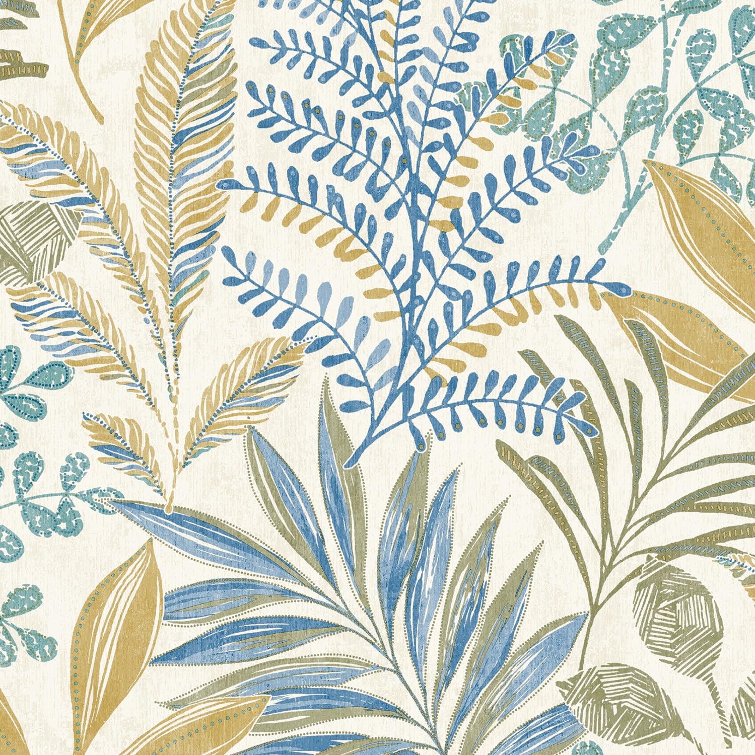 Grandeco Blue Kara Tropical Jungle Foliage Leaves Textured Wallpaper, Neutral Size 2.7116858226