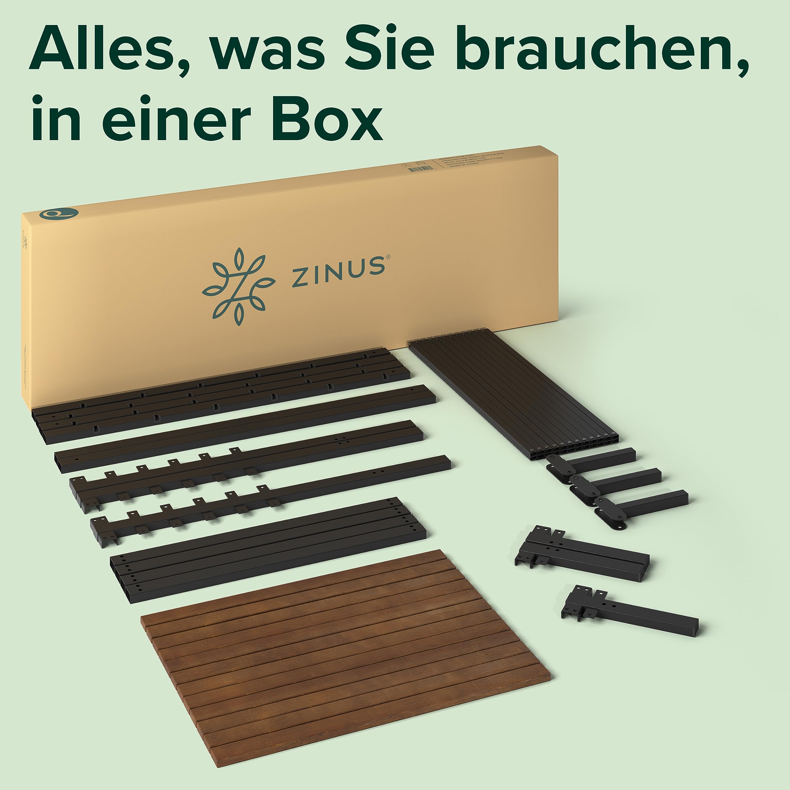 Zinus Kai łóżko 140 x 200 cm – wysokość 23 cm – bambusowa i metalowa platforma, rama łóżka z zagłówkiem i stalowym stelażem – brązowe i czarne