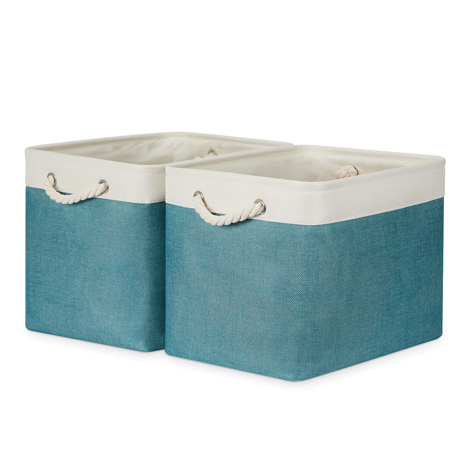 Bidtakay Large Baskets Foldable Storage Bins Tall Baskets Set of 2 Cloth Baskets 16" X 11.8" X 11.8" Decorative Basket for Organizing Shelves Linen Closet Organizers (White&Teal)