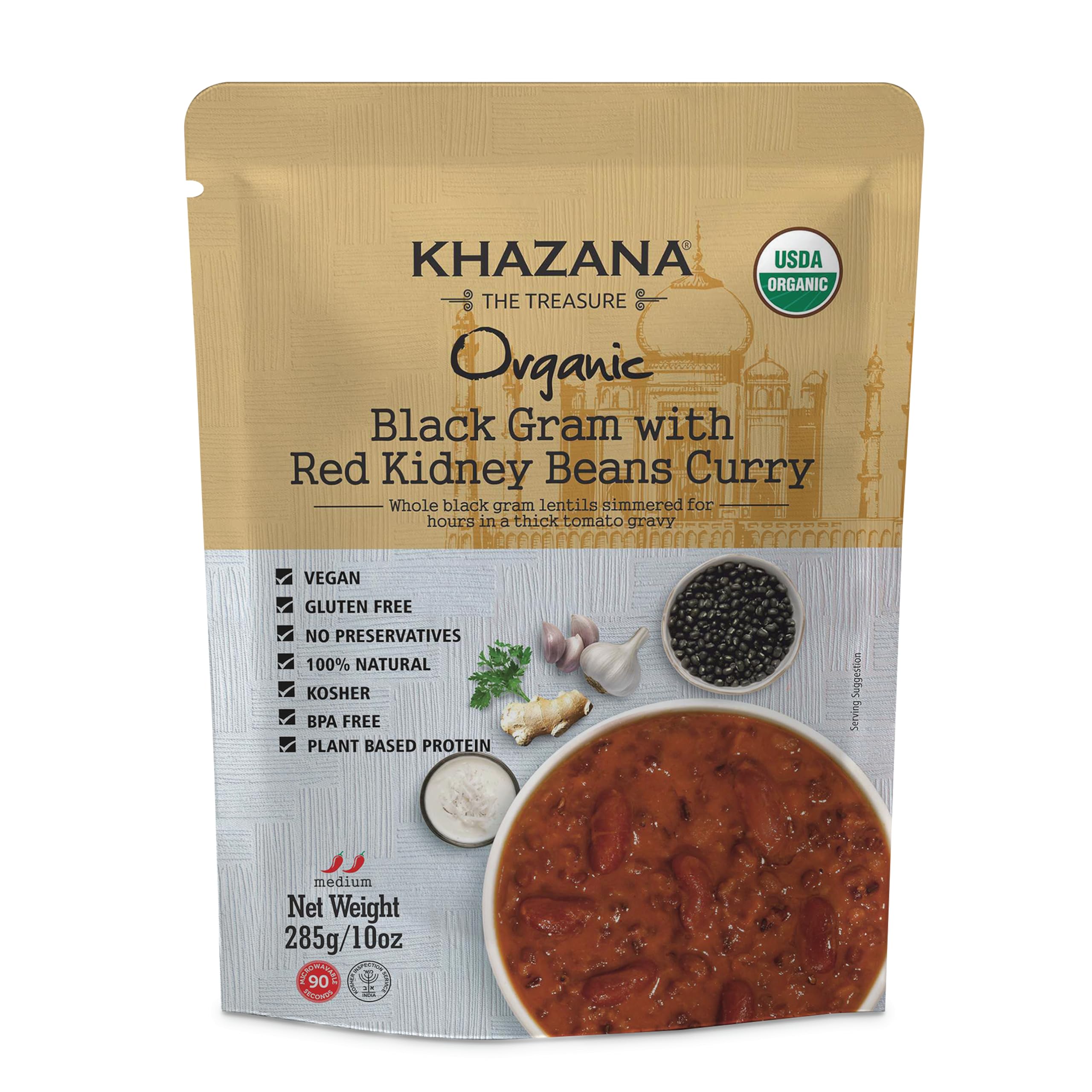 Khazana Organic Ready to Eat Meals - Black Gram with Red Kidney Beans Curry (Pack of 1, 10oz Pouches) - Non-GMO, Vegan, Gluten Free & Kosher - Authentic Indian Cuisine in 90 Seconds!