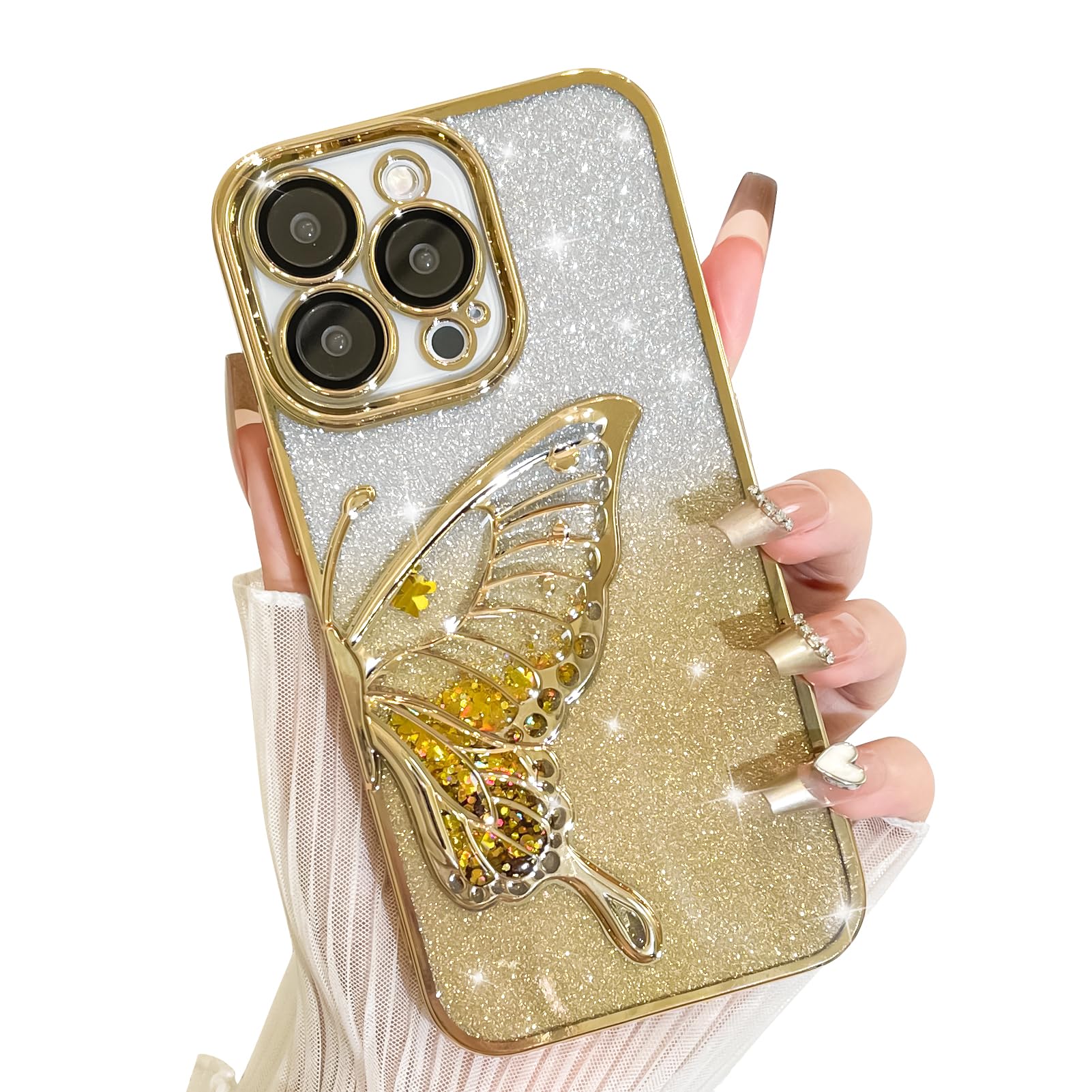 Custodia Per IPhone 12/12 Pro Con Farfalla 3D Glitterata – Fondo Glitter, TPU Morbido, Colore Argento, Per Donne E Ragazze