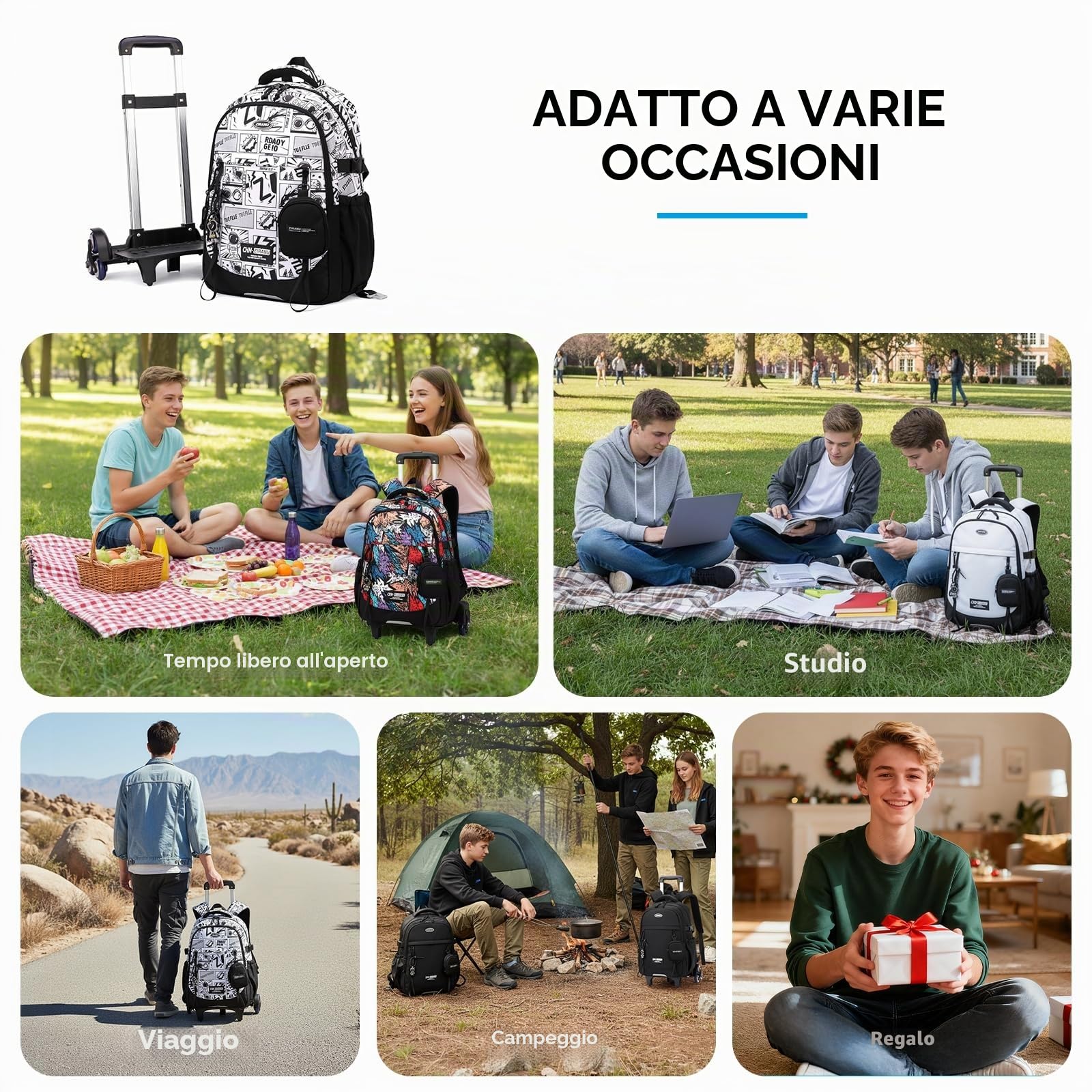 Amythe Zaino Trolley Scuola per Ragazzi, Zaini con Carrello Rimovibile Moda per Ragazzo, Impermeabile, per Laptop 15.6", 6 Ruote per Scuola Media, Superiore e Viaggi
